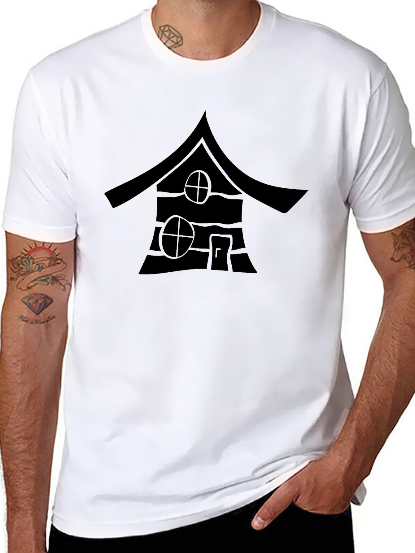 Black T-Shirt with Cabin Print
