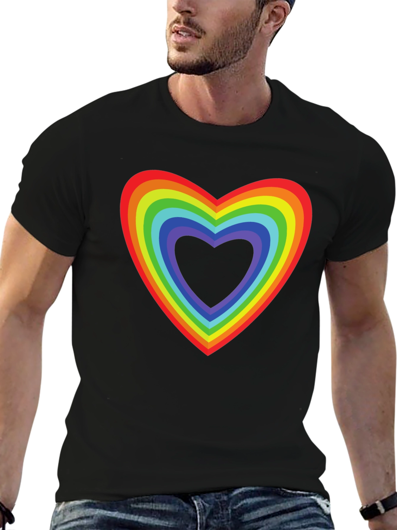 Rainbow Heart Pride T-Shirt - Black Cotton Tee