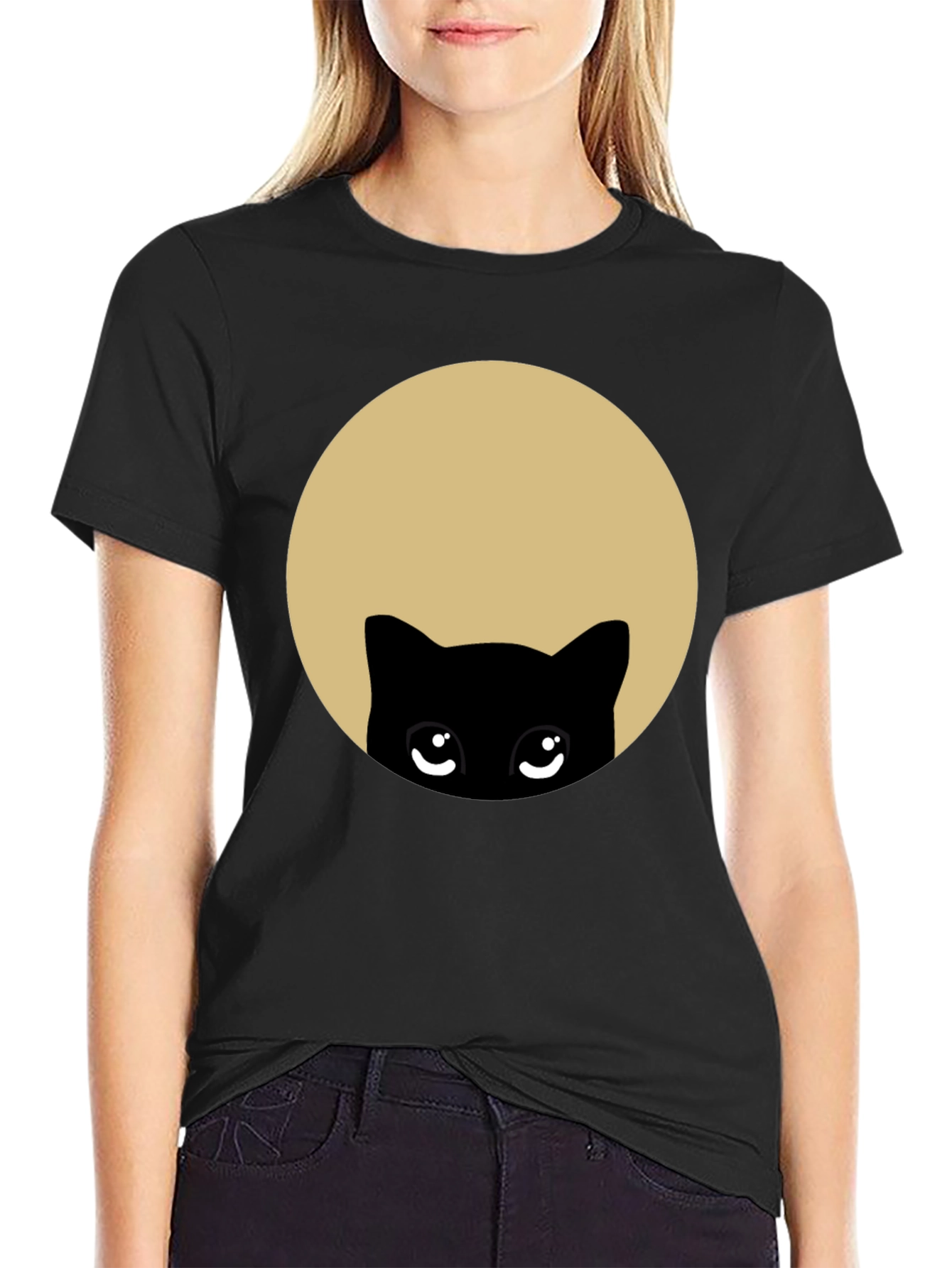 Cute Peekaboo Cat Graphic T-Shirt - Black