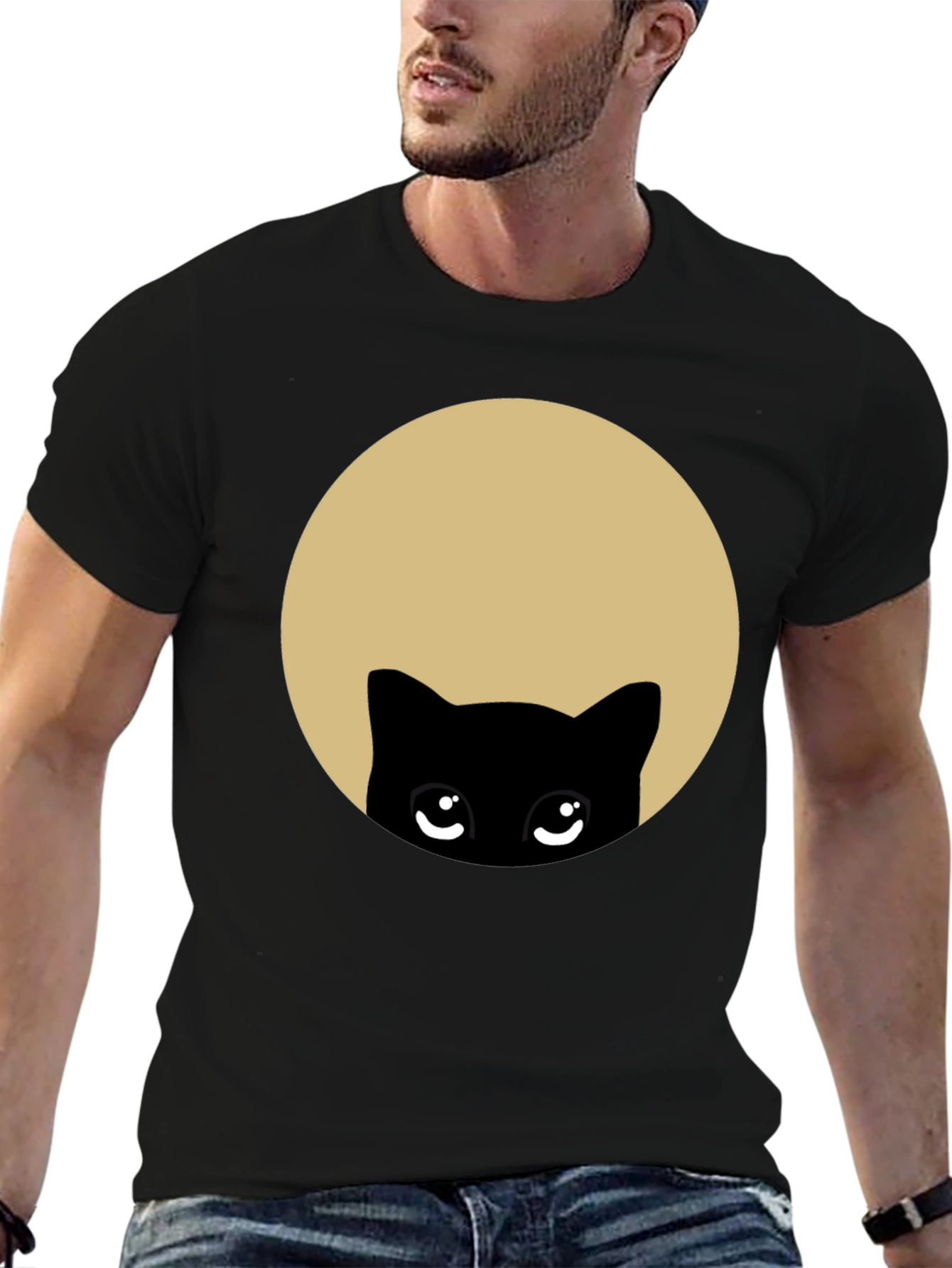 Cute Peekaboo Cat Graphic T-Shirt - Black