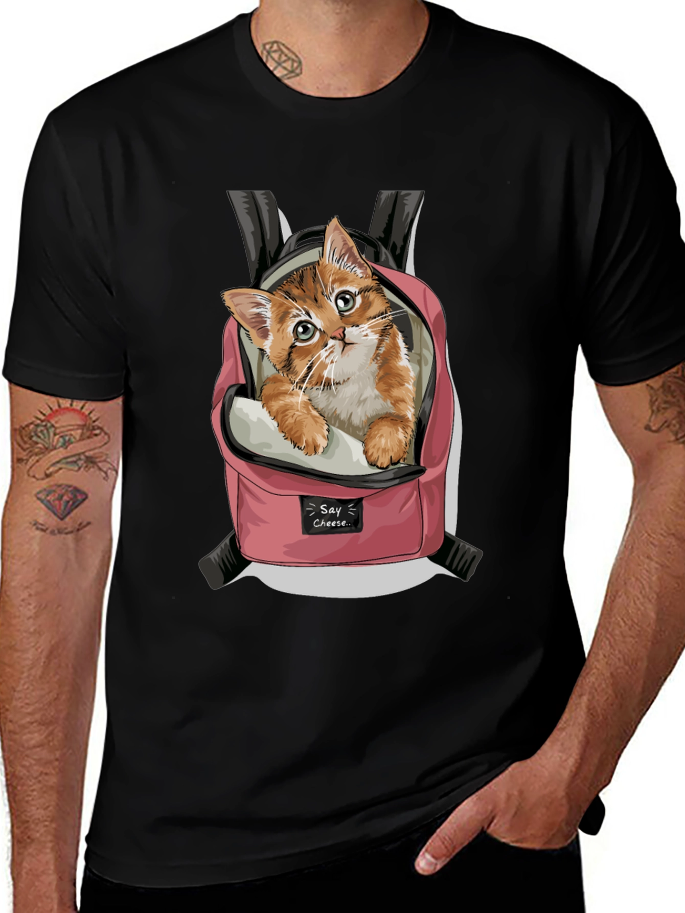 Cute Kitten in Backpack Graphic T-Shirt