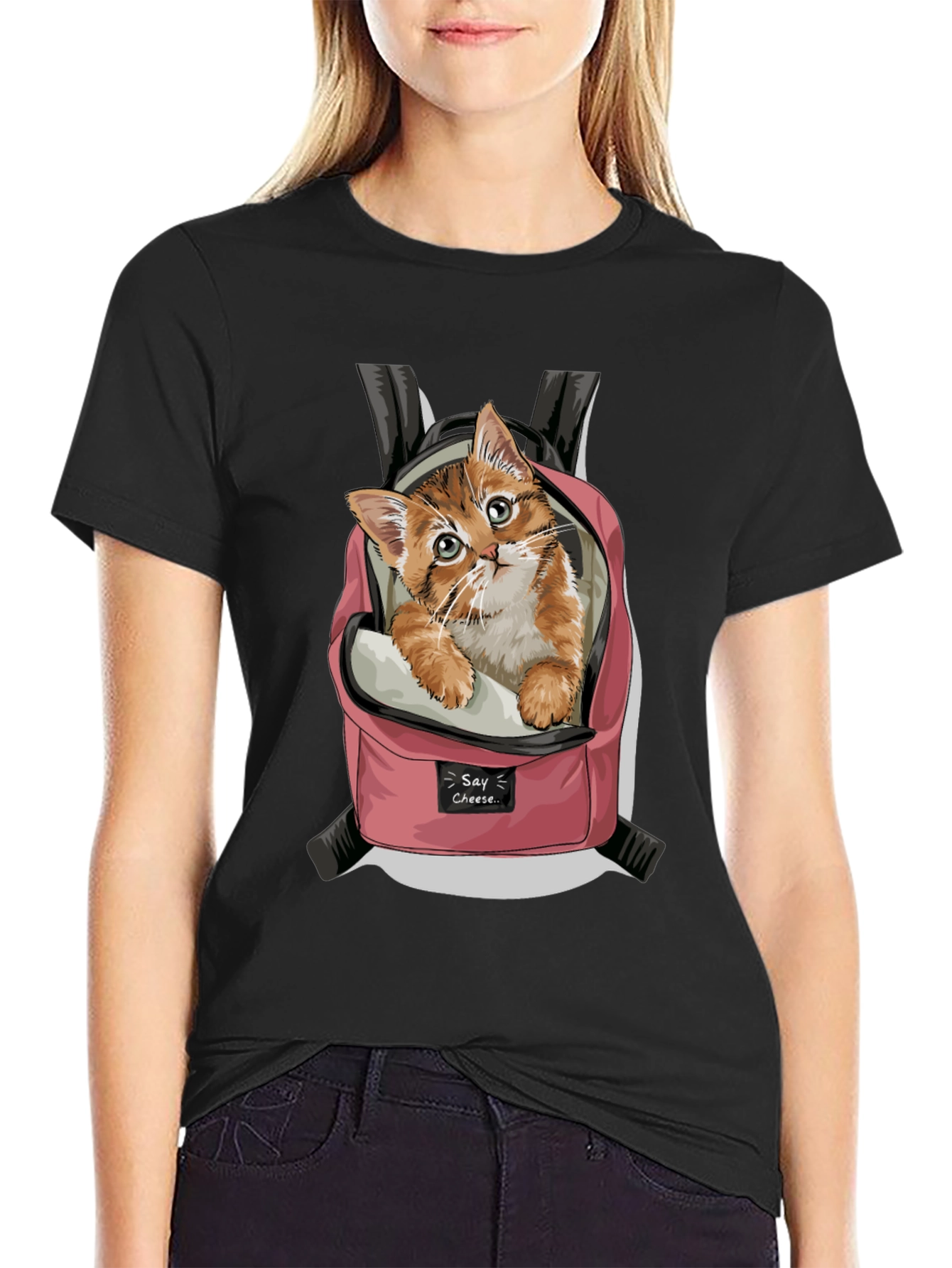 Cute Kitten in Backpack Graphic T-Shirt