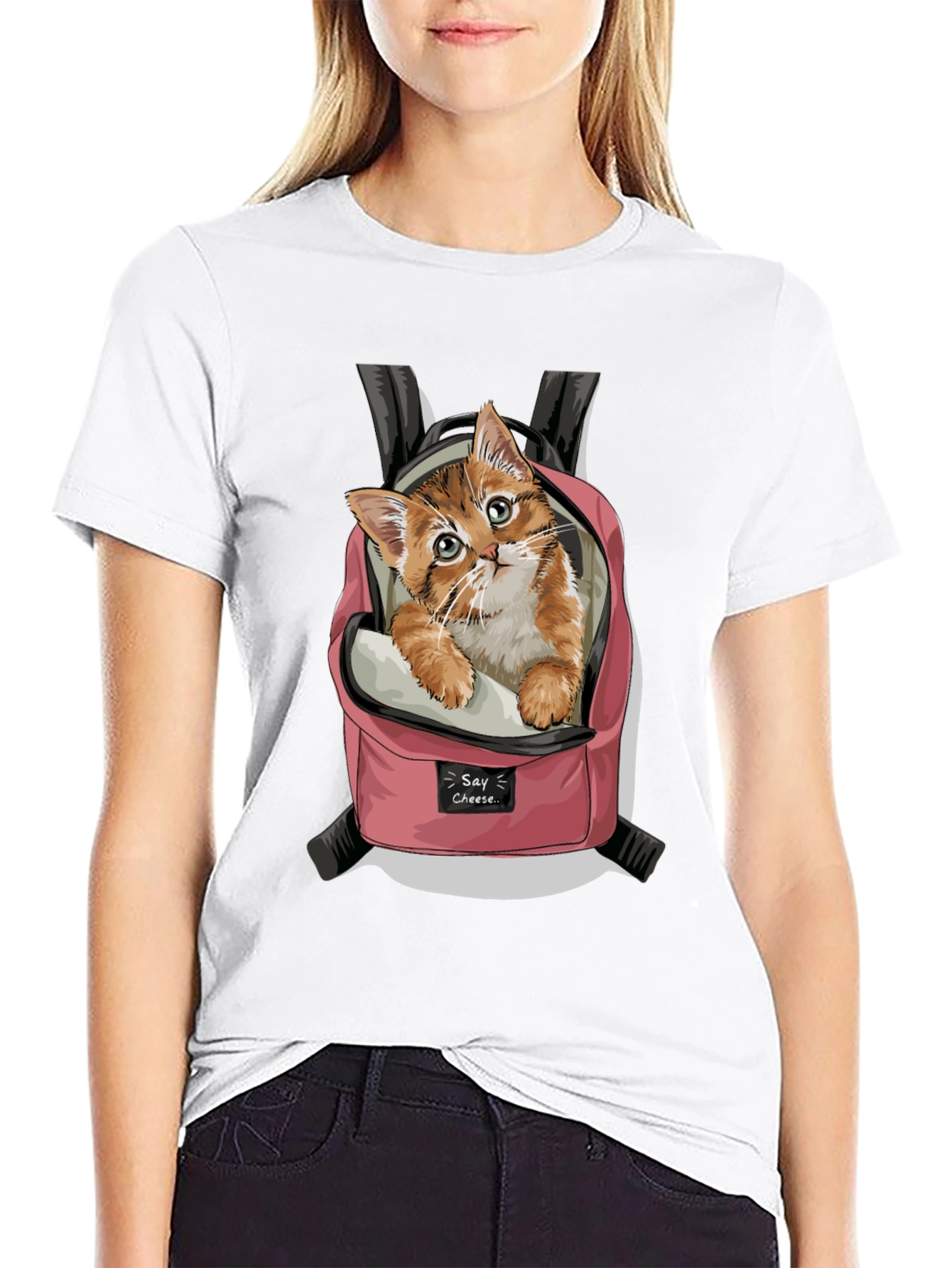 Cute Kitten in Backpack Graphic T-Shirt