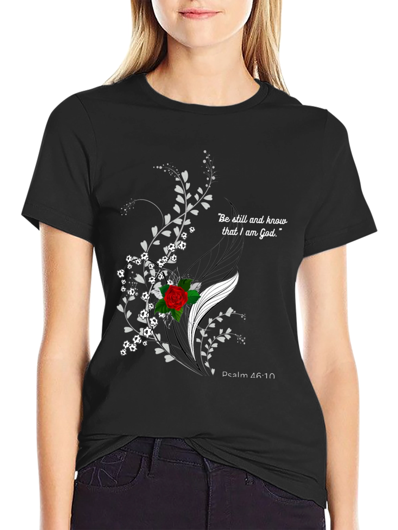 Floral Christian Graphic T-Shirt - Psalm 46:10