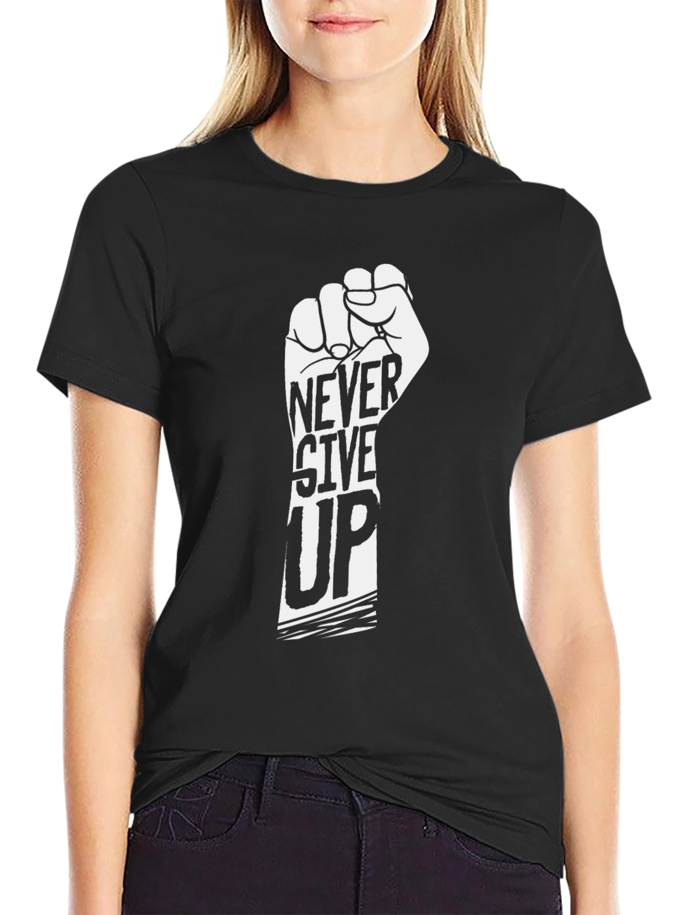 Never Give Up Graphic Tee - Motivational Black T-Shirt