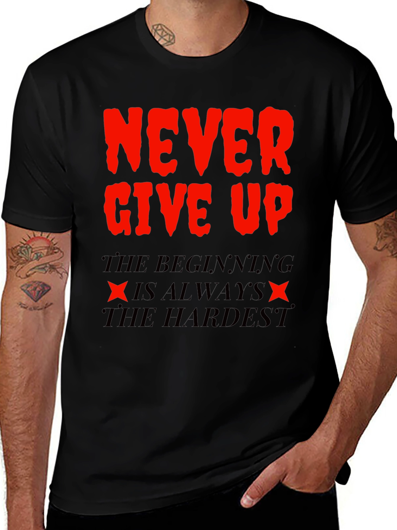 Never Give Up T-Shirt - Motivational Black Tee
