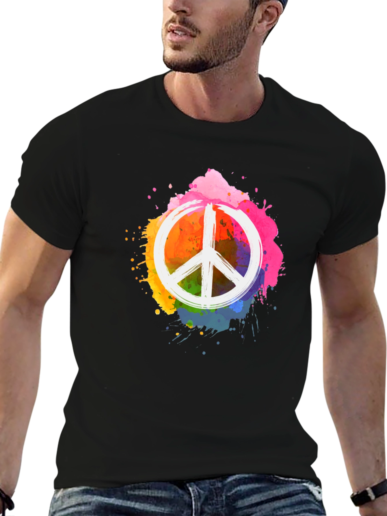 Peace Sign Rainbow Splatter Black T-Shirt