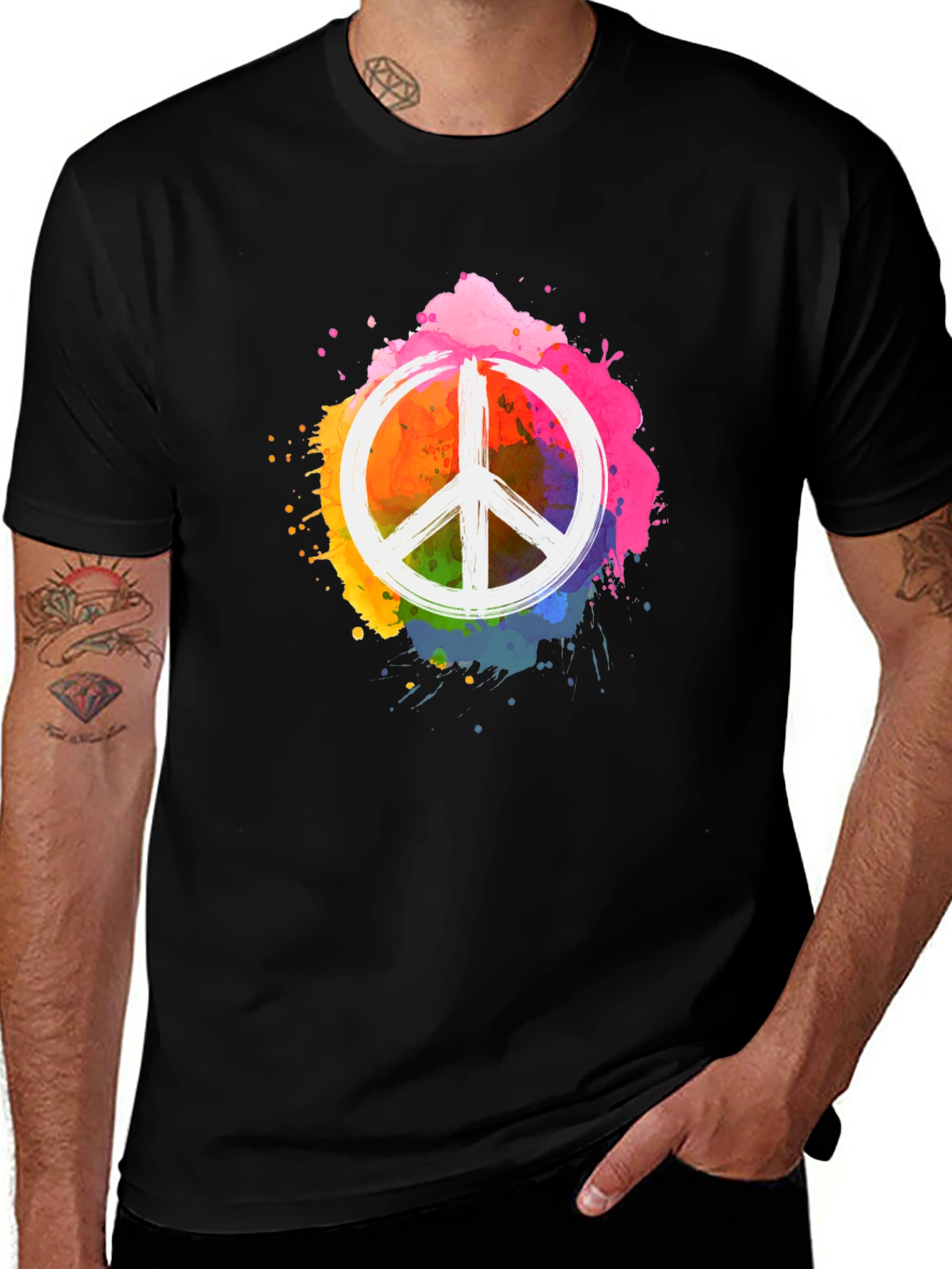 Peace Sign Rainbow Splatter Black T-Shirt