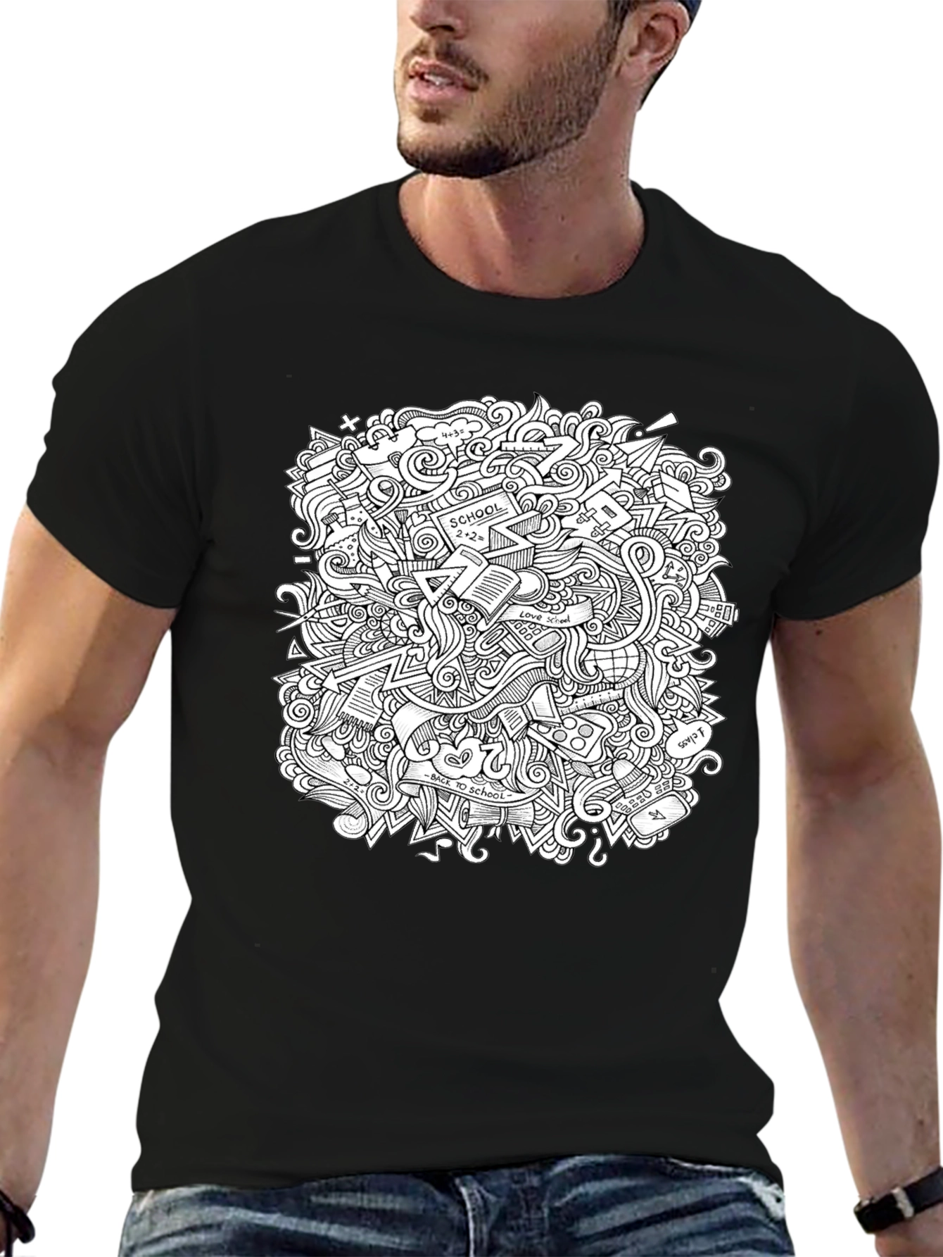 Doodle Print Graphic Tee - Black Cotton T-Shirt