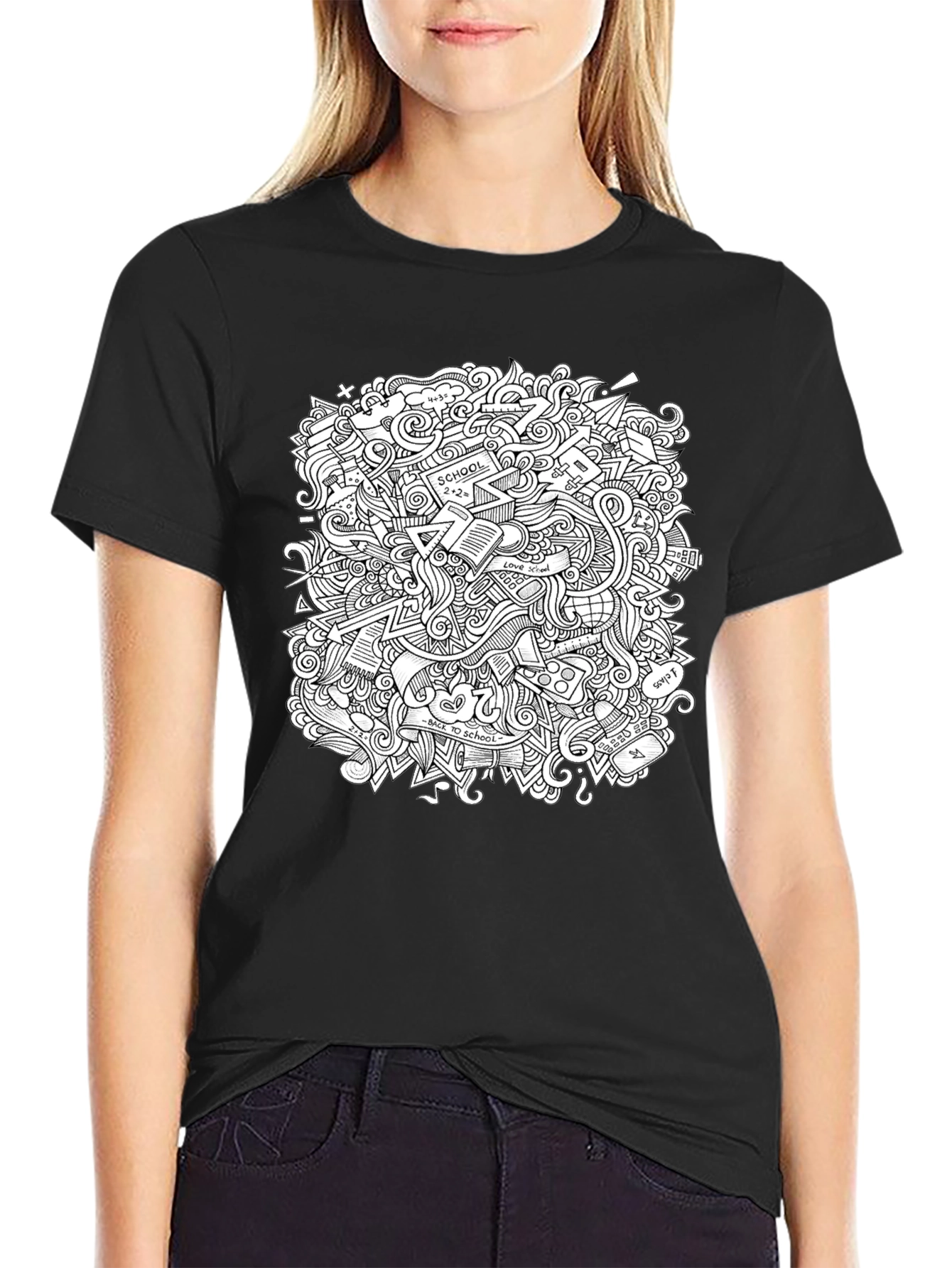 Doodle Print Graphic Tee - Black Cotton T-Shirt