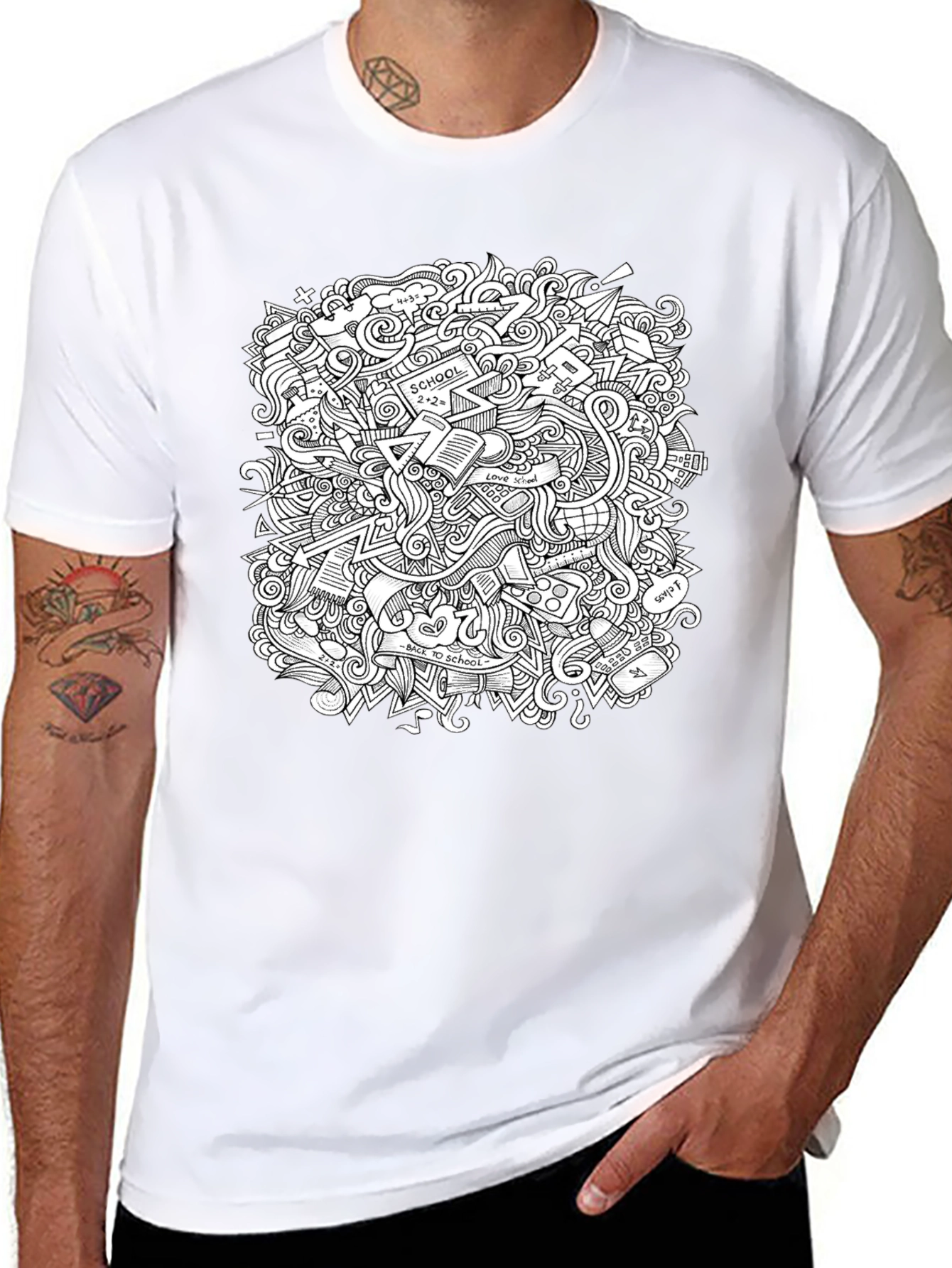 Doodle Print Graphic Tee - Black Cotton T-Shirt