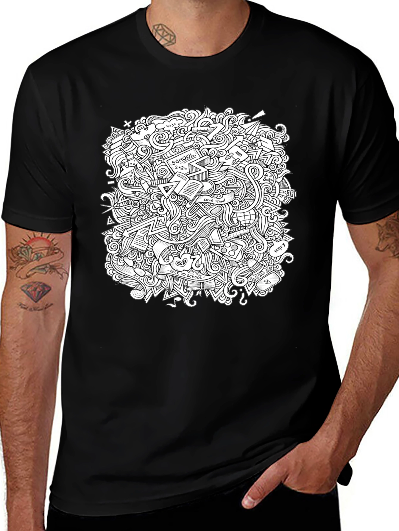 Doodle Print Graphic Tee - Black Cotton T-Shirt