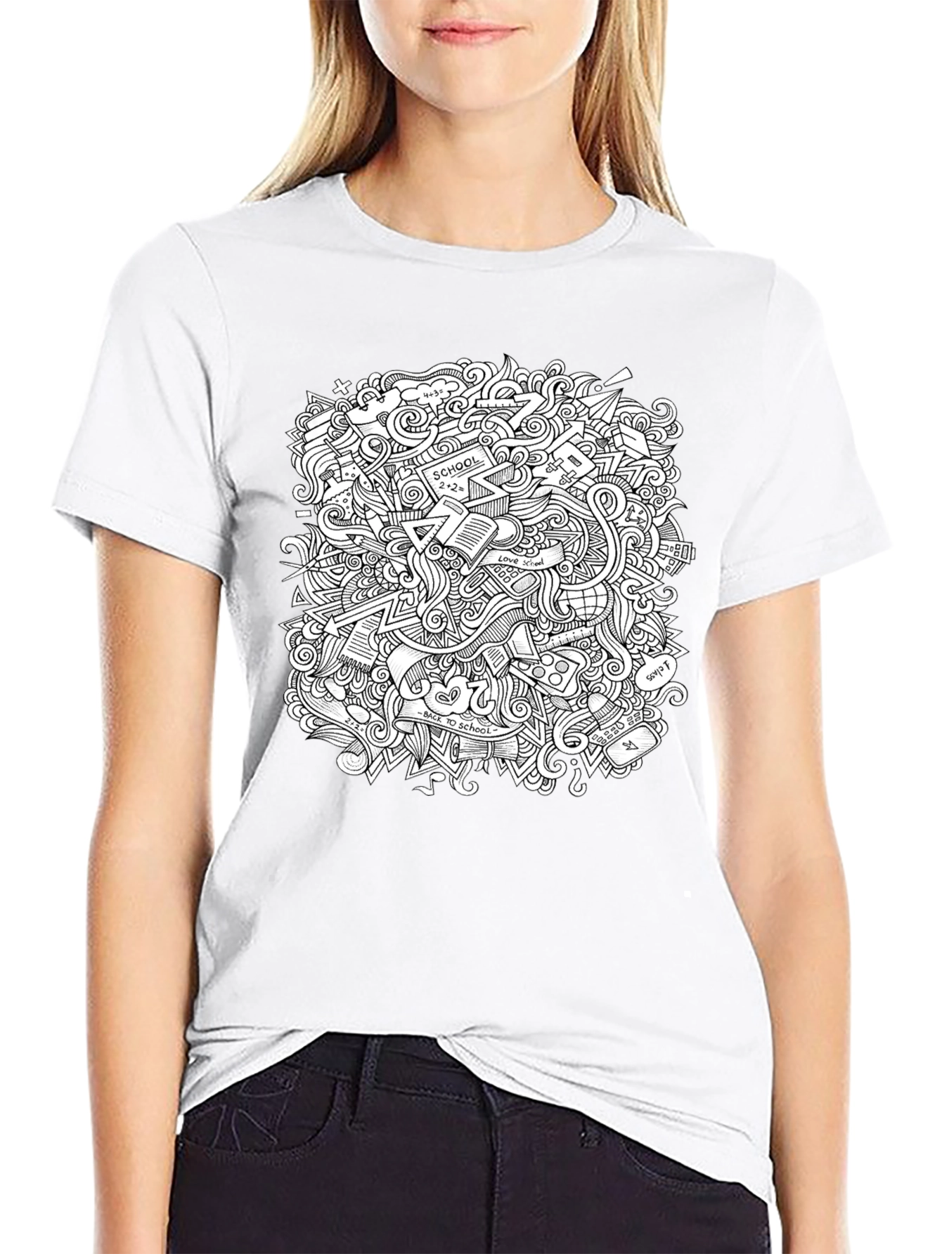 Doodle Print Graphic Tee - Black Cotton T-Shirt