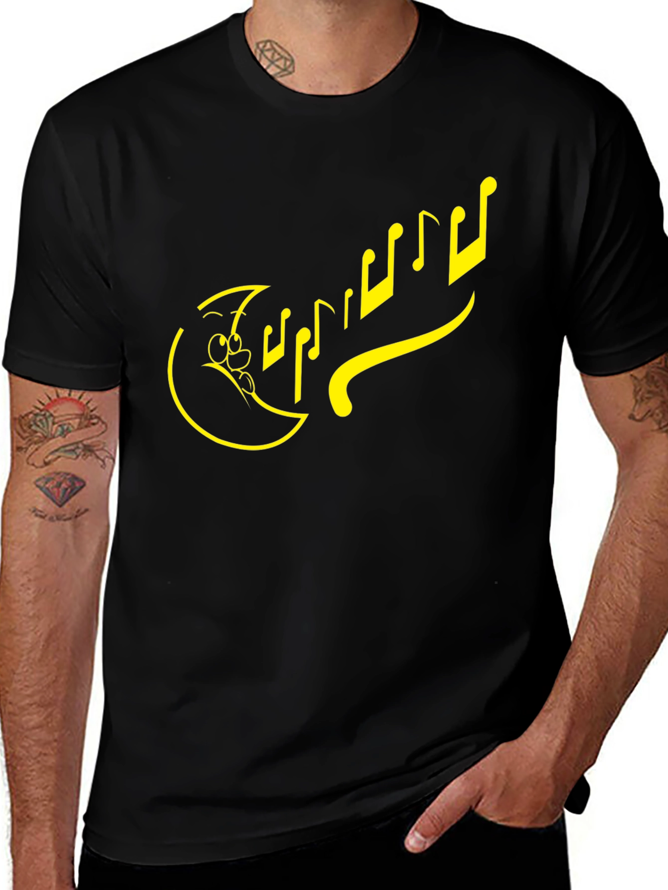 Cartoon Moon & Notes Black T-Shirt