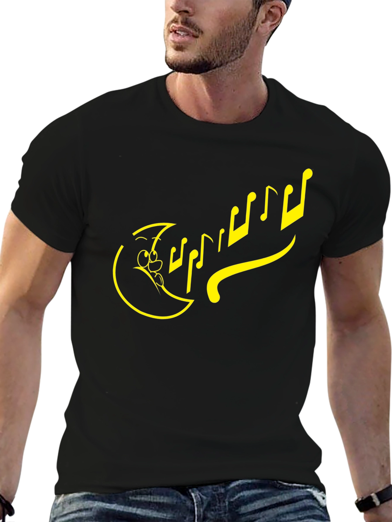 Cartoon Moon & Notes Black T-Shirt