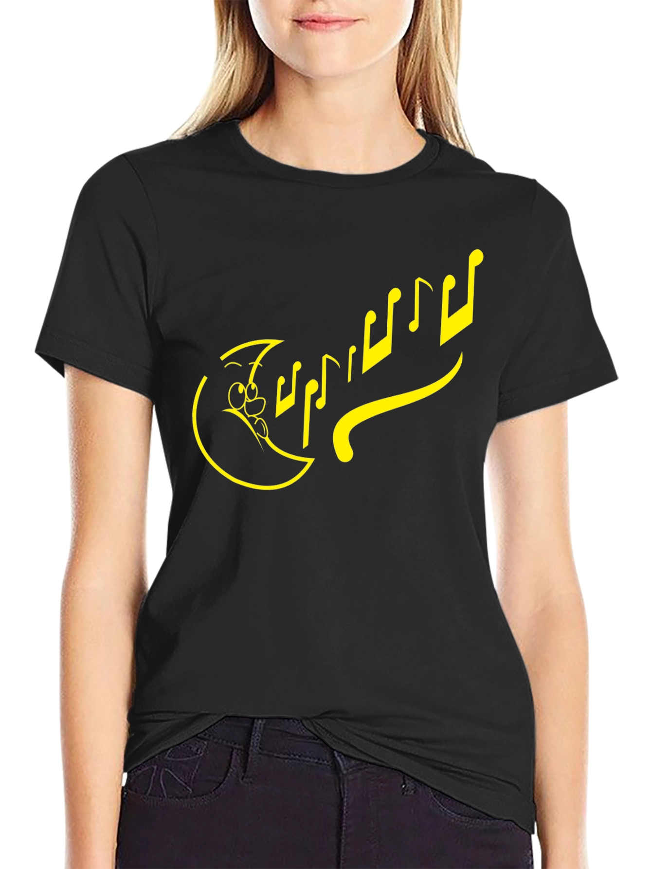 Cartoon Moon & Notes Black T-Shirt