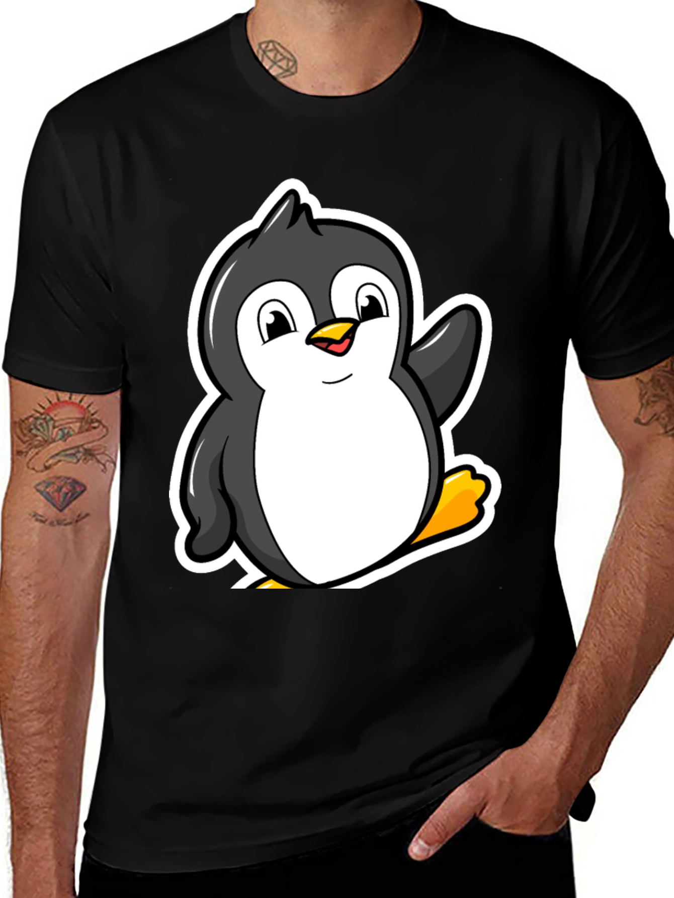 Cartoon Penguin Graphic T-Shirt - Black