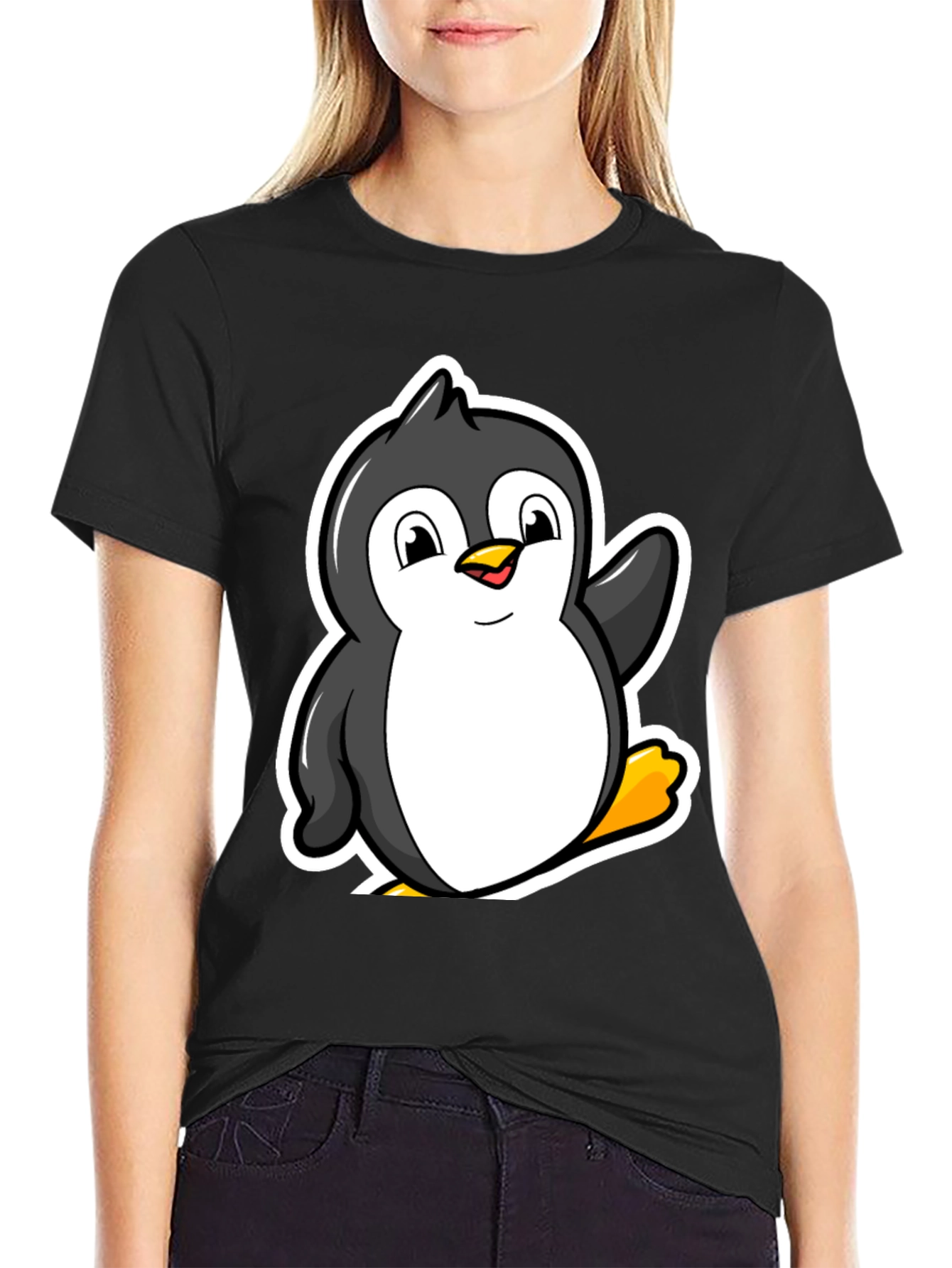 Cartoon Penguin Graphic T-Shirt - Black
