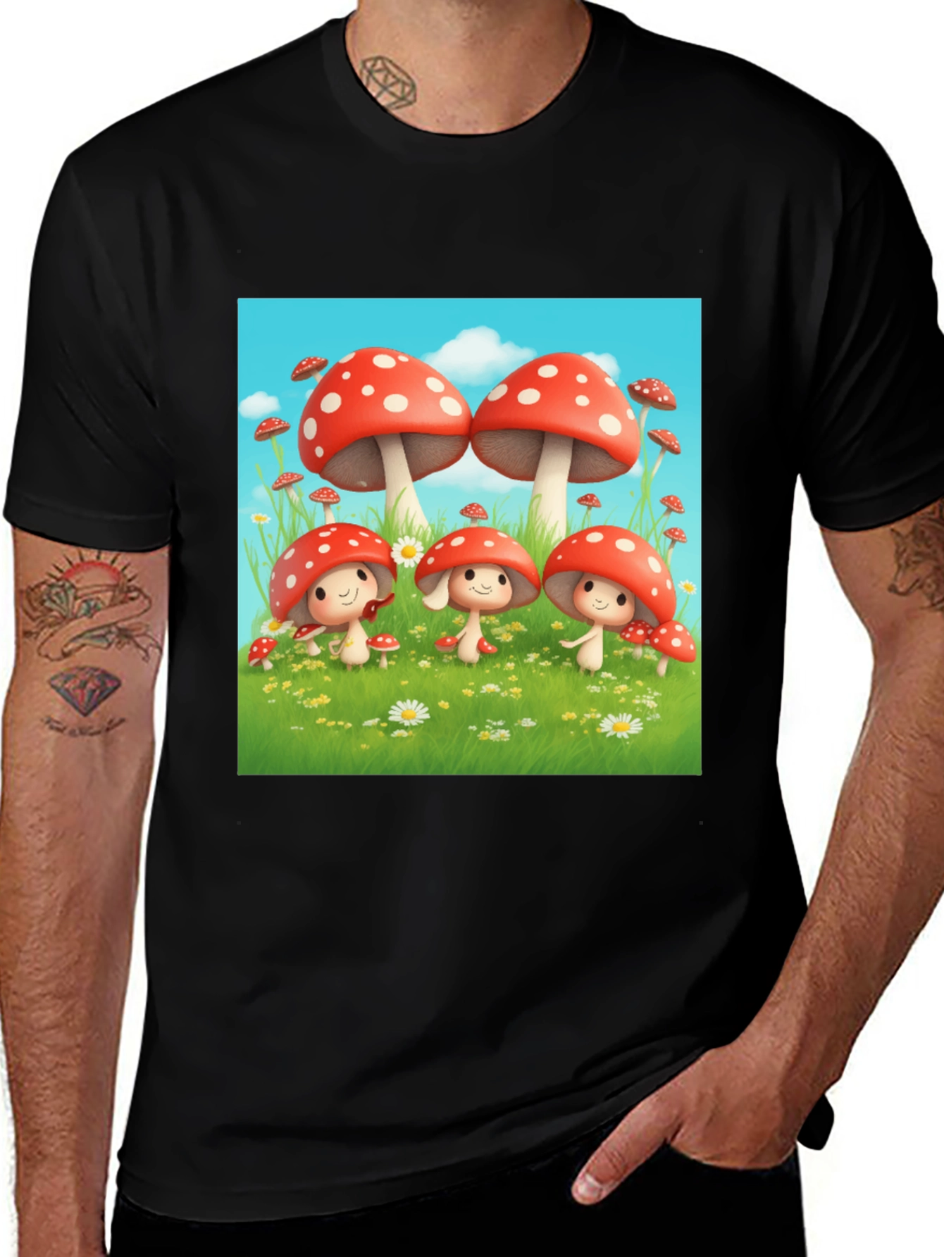Mushroom Crew Graphic Tee - Black Cotton Shirt