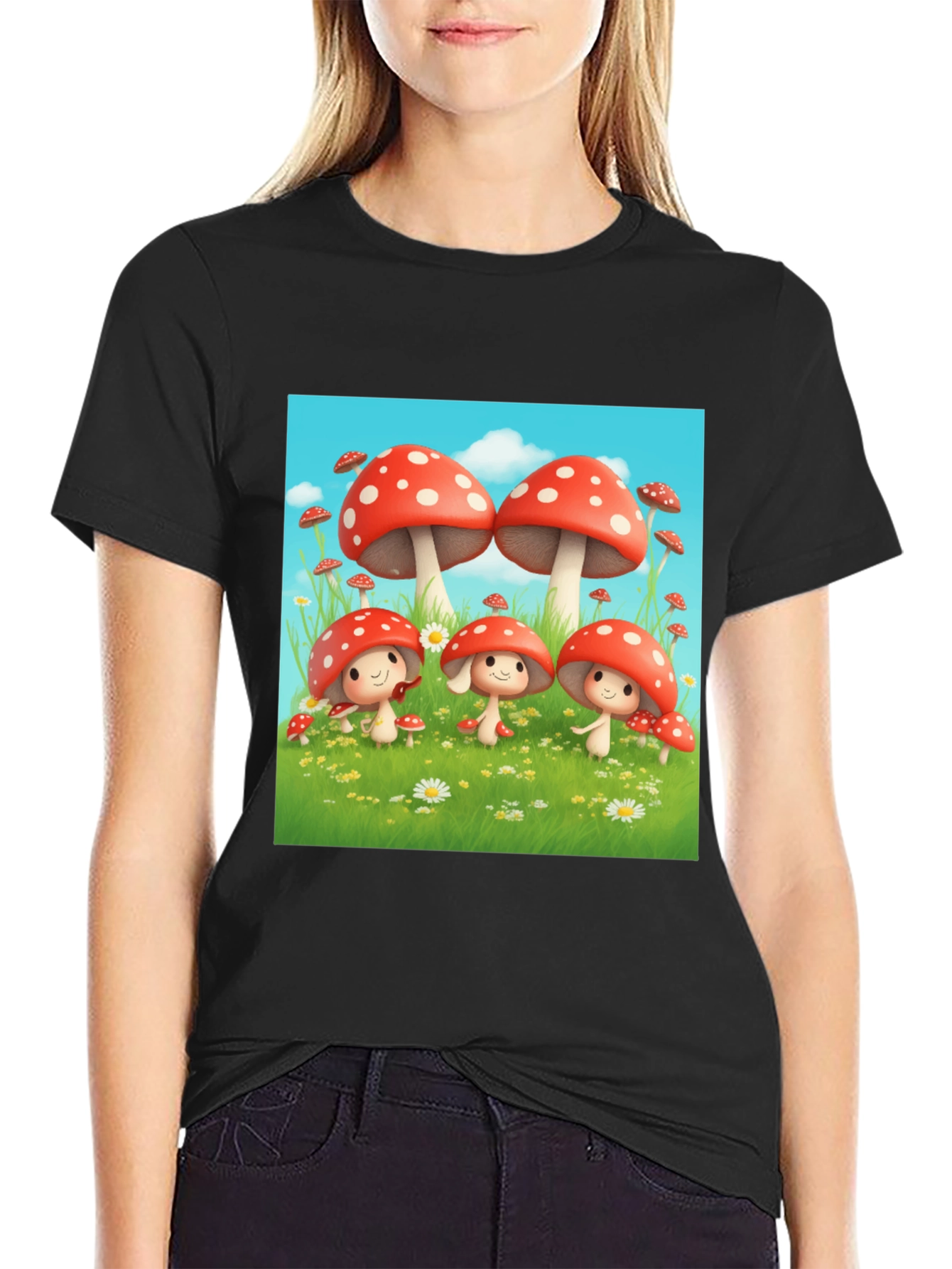 Mushroom Crew Graphic Tee - Black Cotton Shirt