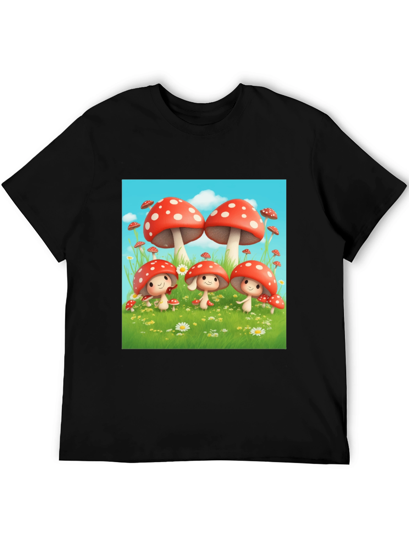 Mushroom Crew Graphic Tee - Black Cotton Shirt
