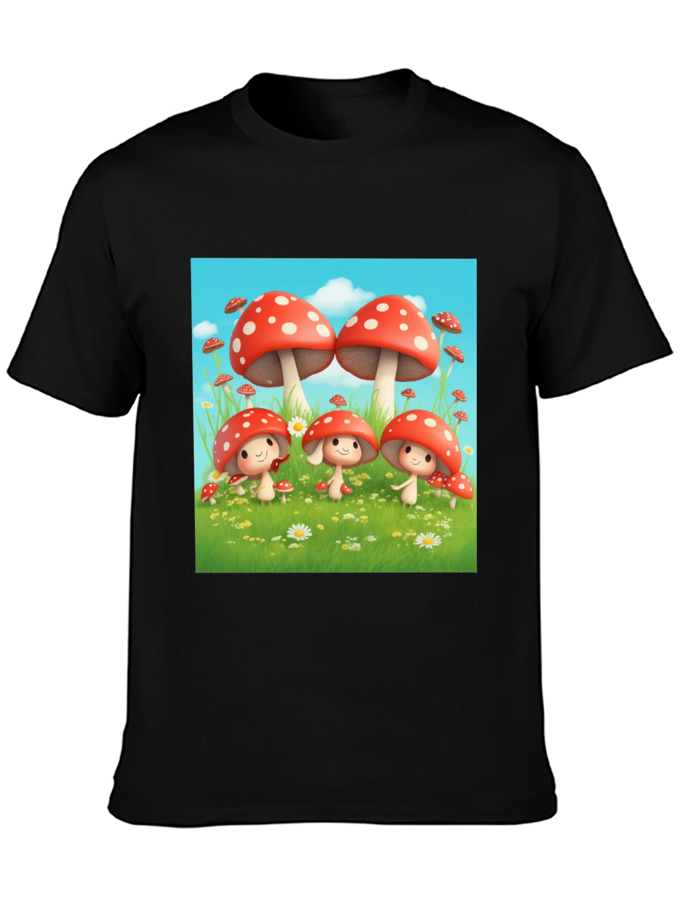 Mushroom Crew Graphic Tee - Black Cotton Shirt