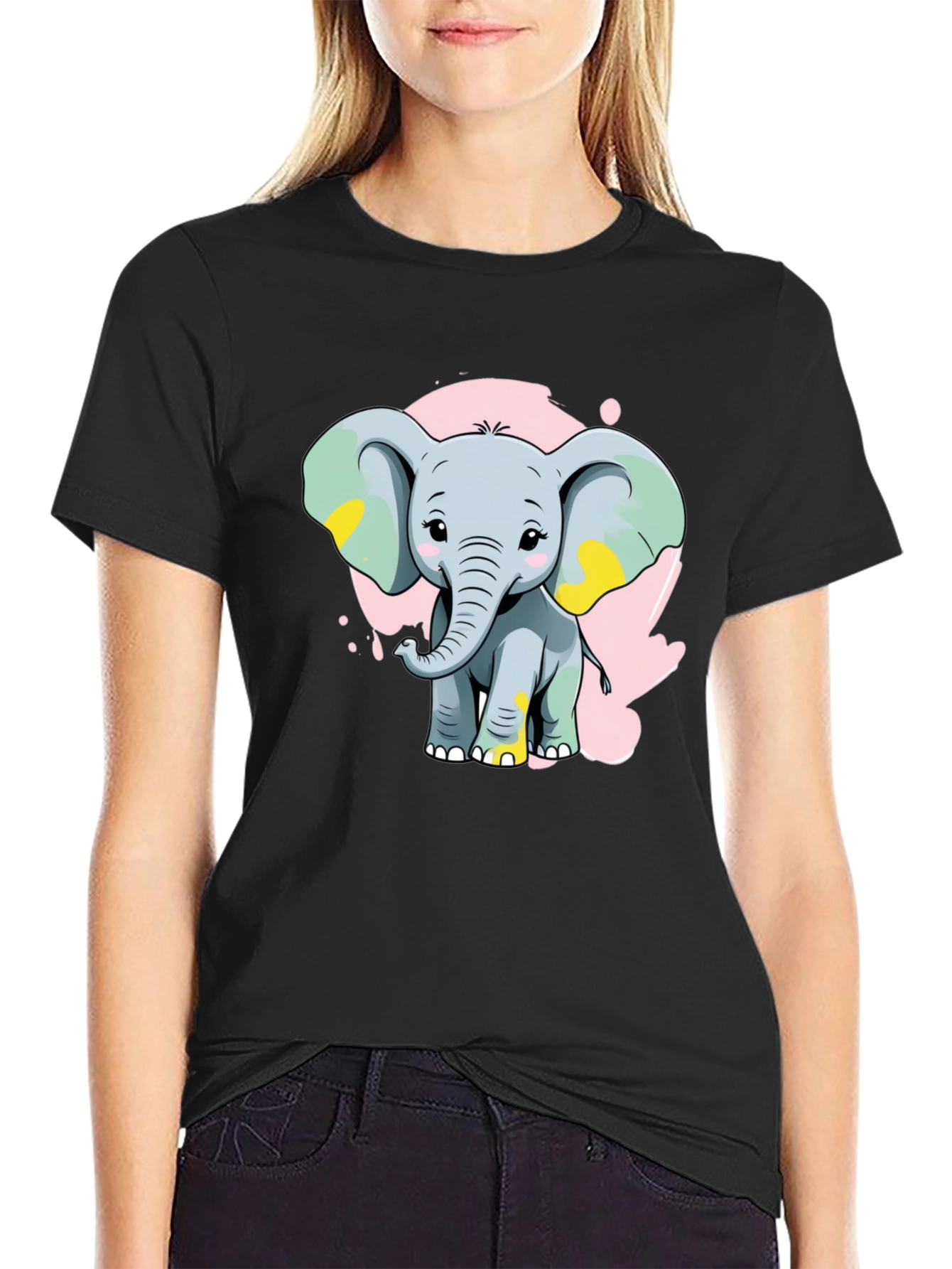 Cute Elephant Graphic Tee - Black Cotton Blend Shirt