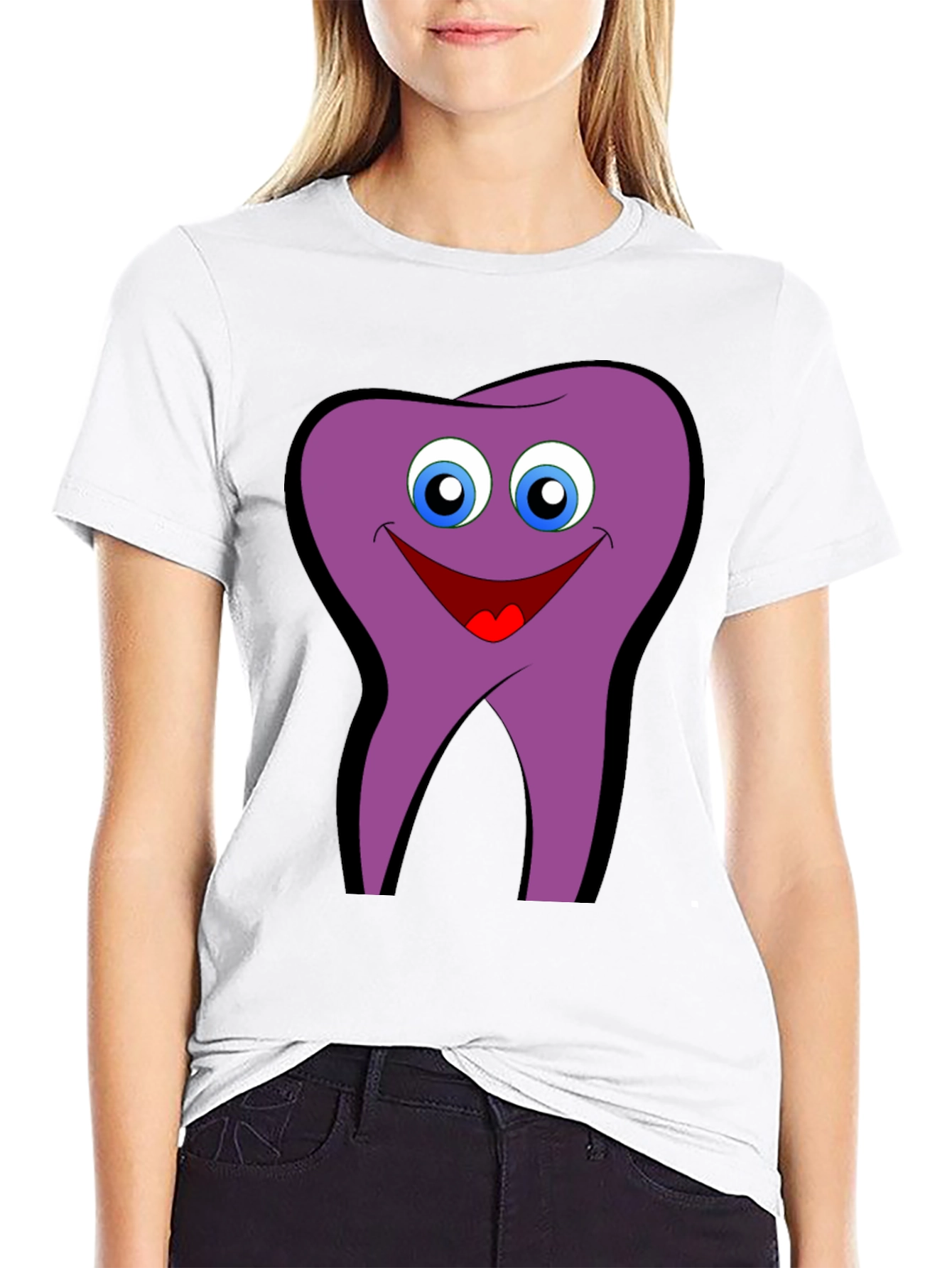 Funny Tooth Cartoon Graphic Tee - Black Cotton T-Shirt