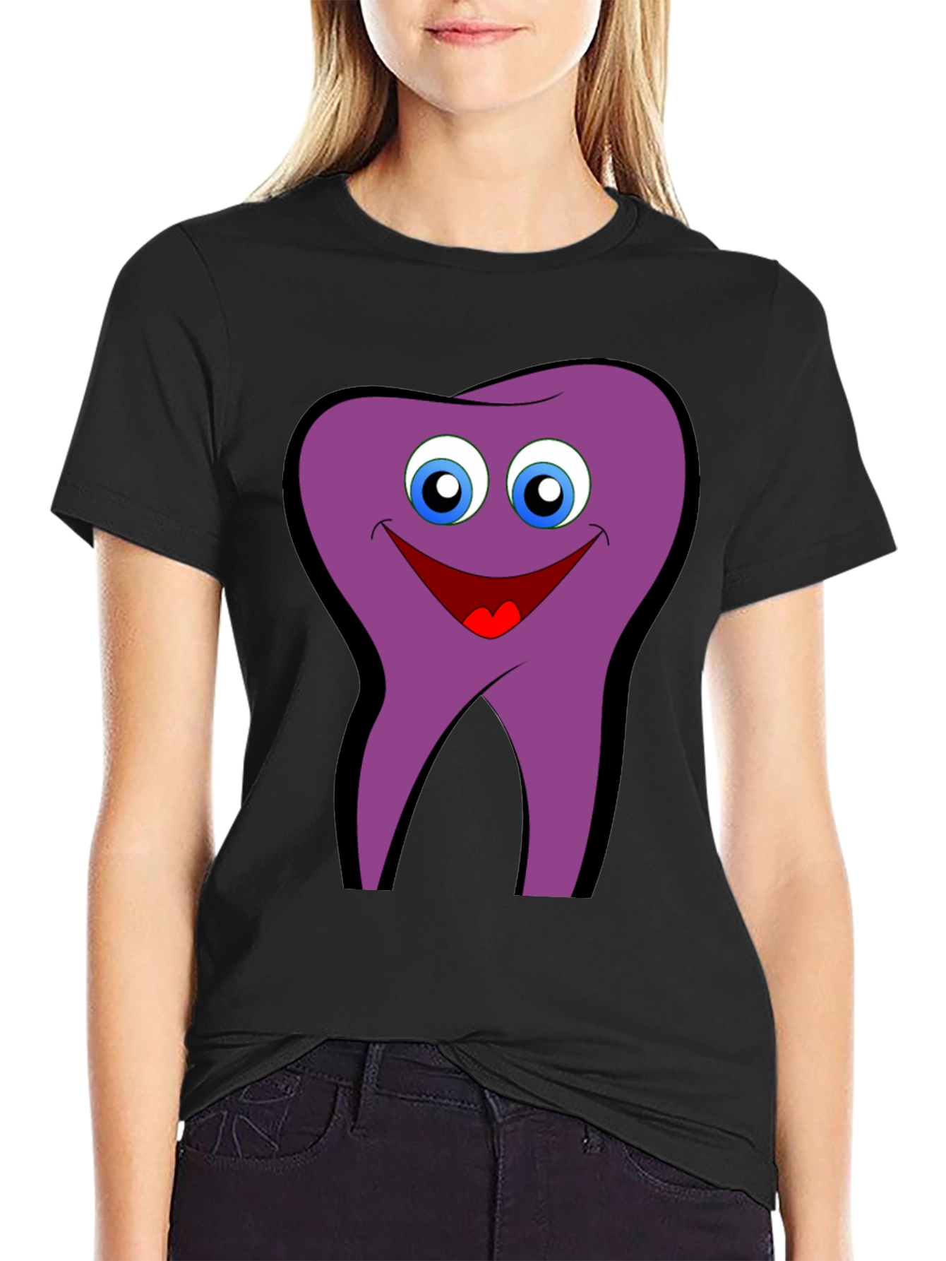 Funny Tooth Cartoon Graphic Tee - Black Cotton T-Shirt