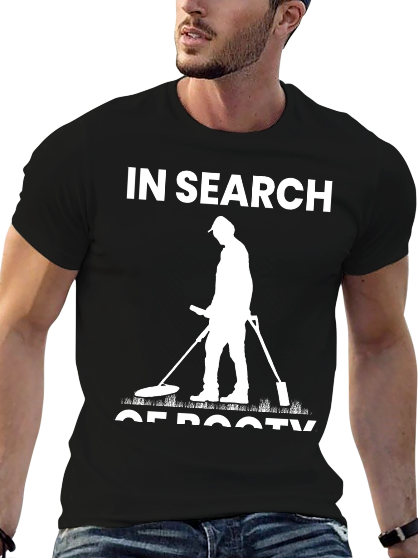 In Search of Booty Black T-Shirt Metal Detecting