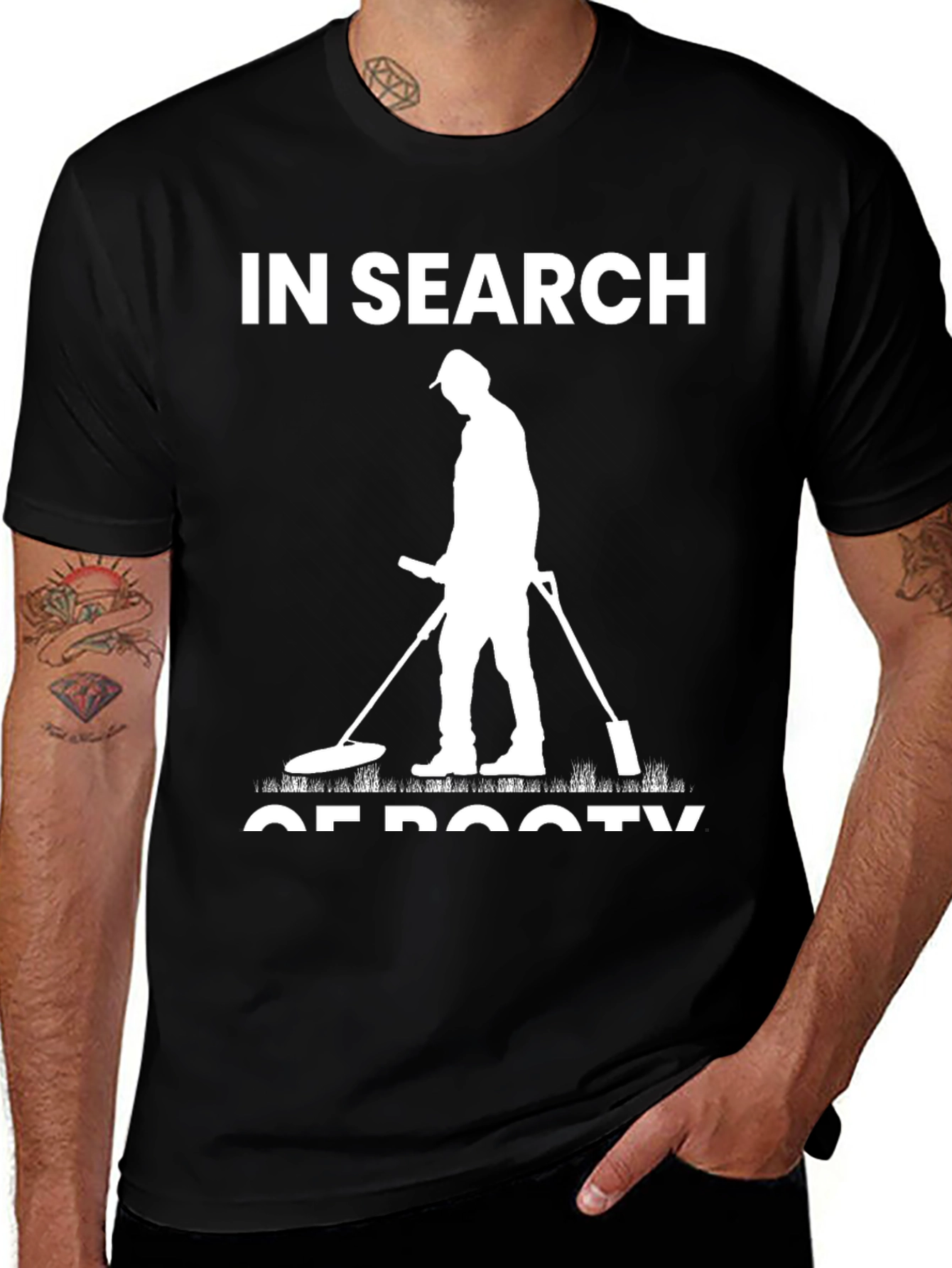 In Search of Booty Black T-Shirt Metal Detecting