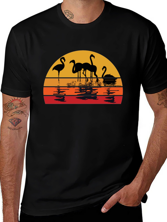 Sunset Flamingo Graphic Tee - Black Cotton Comfort
