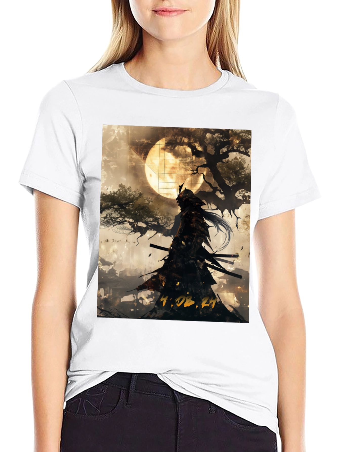 Samurai Moon Graphic T-Shirt - Black