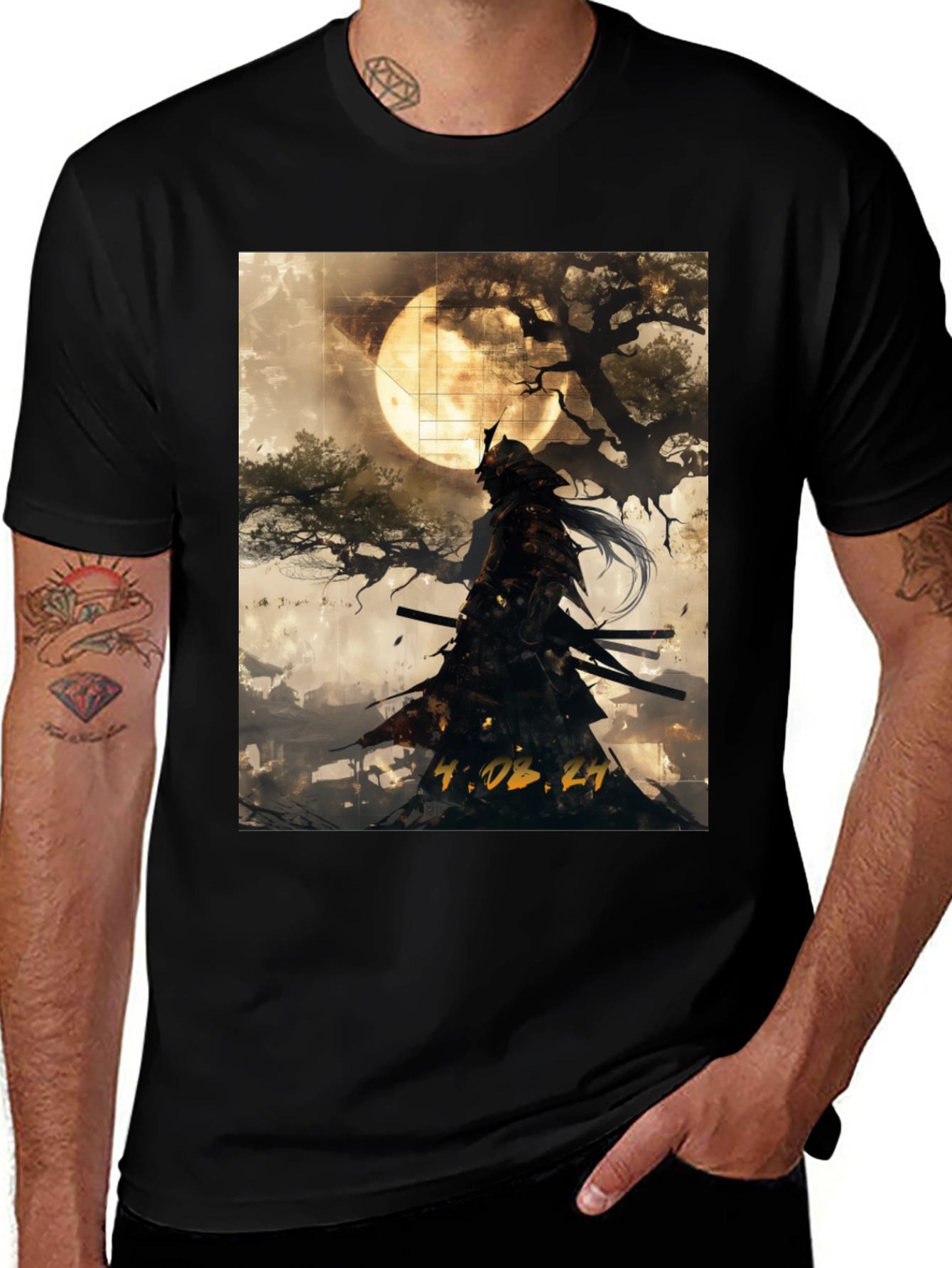 Samurai Moon Graphic T-Shirt - Black