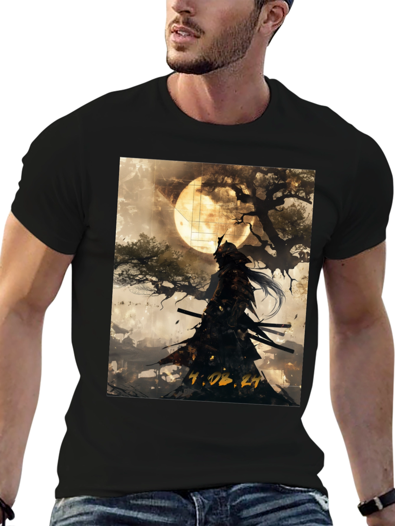 Samurai Moon Graphic T-Shirt - Black