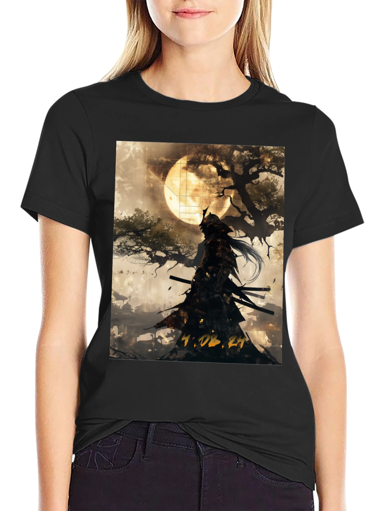 Samurai Moon Graphic T-Shirt - Black