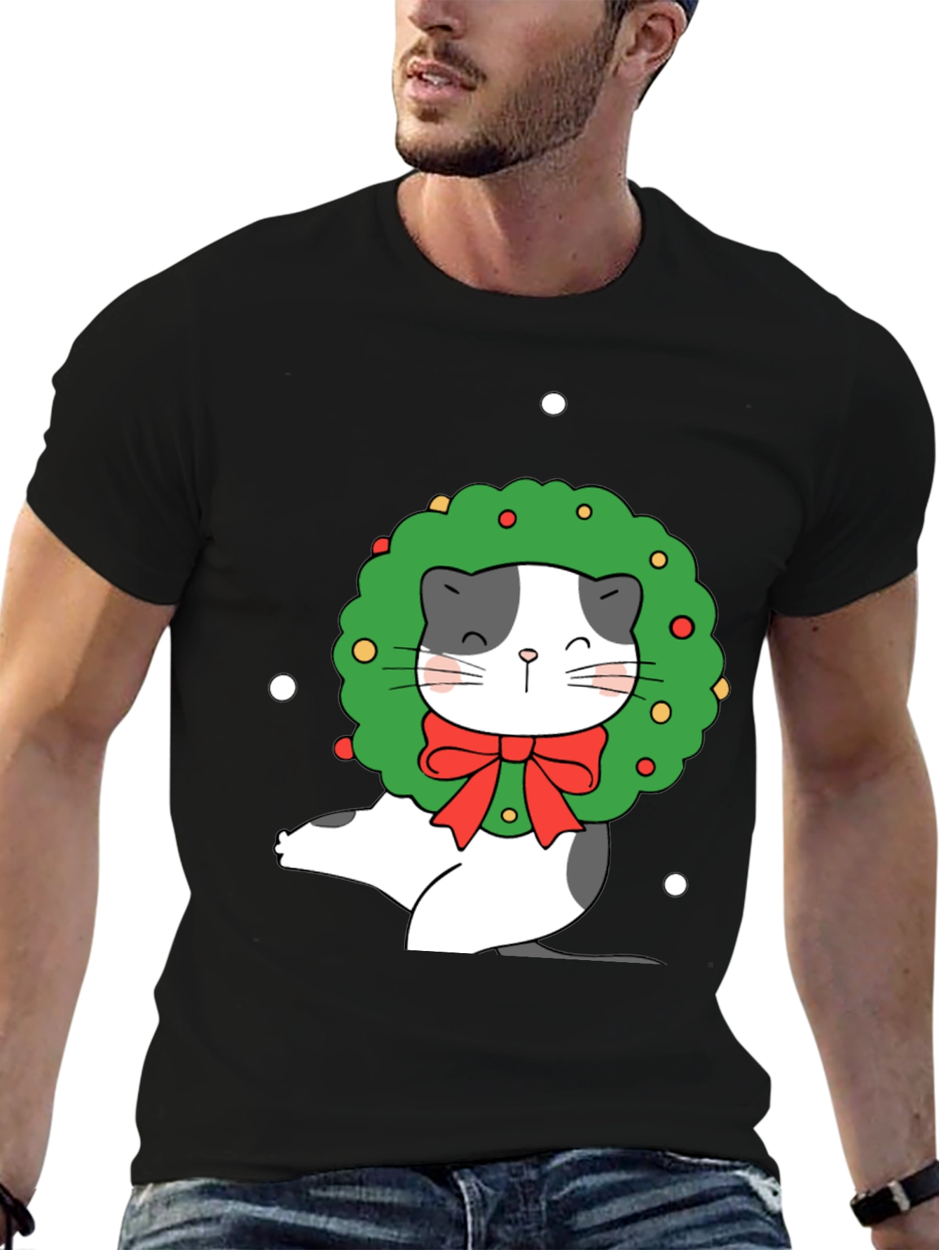 Festive Cat Wreath Graphic Tee - Holiday Cheer!