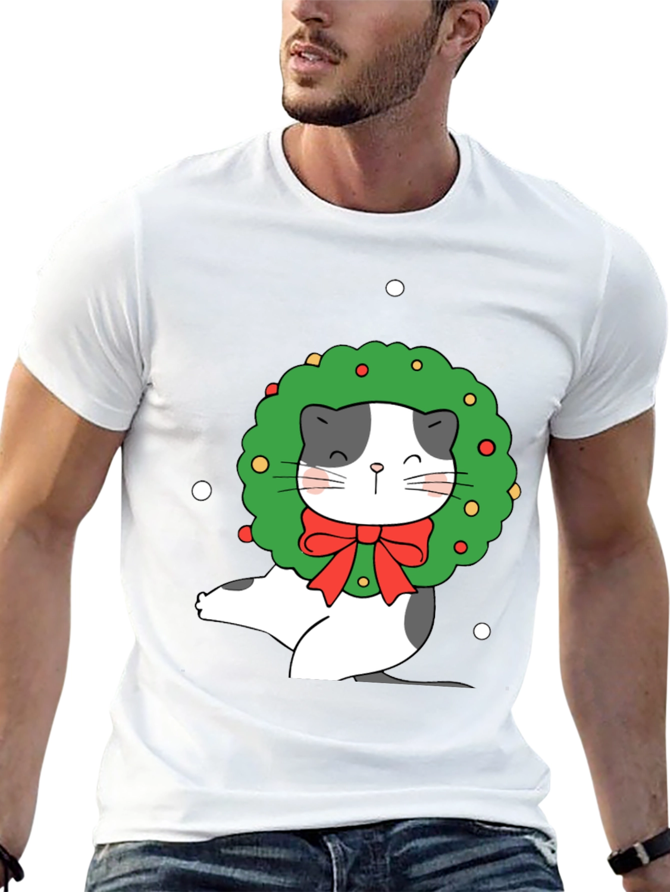 Festive Cat Wreath Graphic Tee - Holiday Cheer!