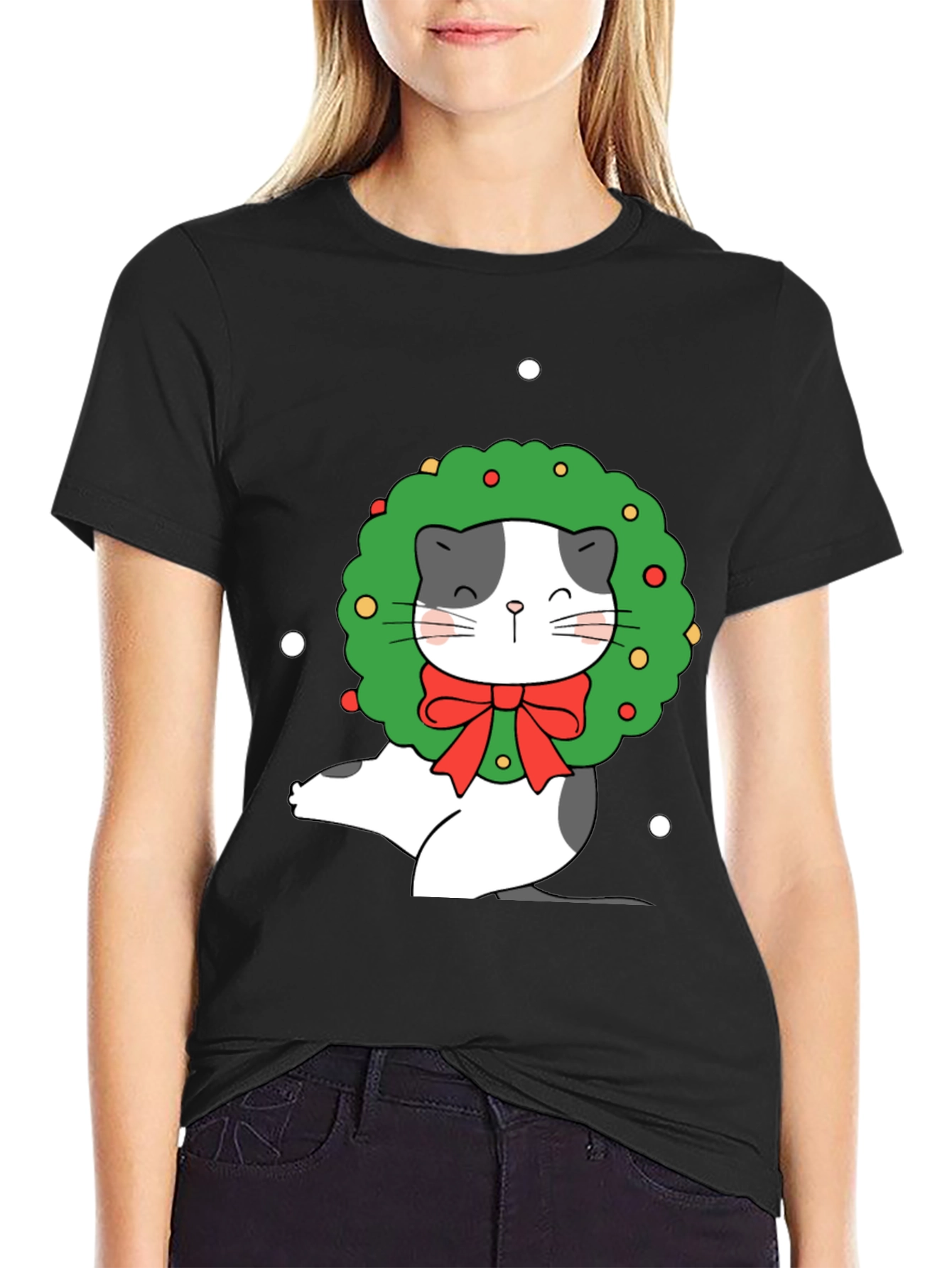 Festive Cat Wreath Graphic Tee - Holiday Cheer!