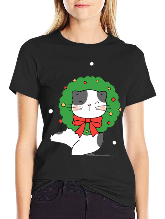 Festive Cat Wreath Graphic Tee - Holiday Cheer!