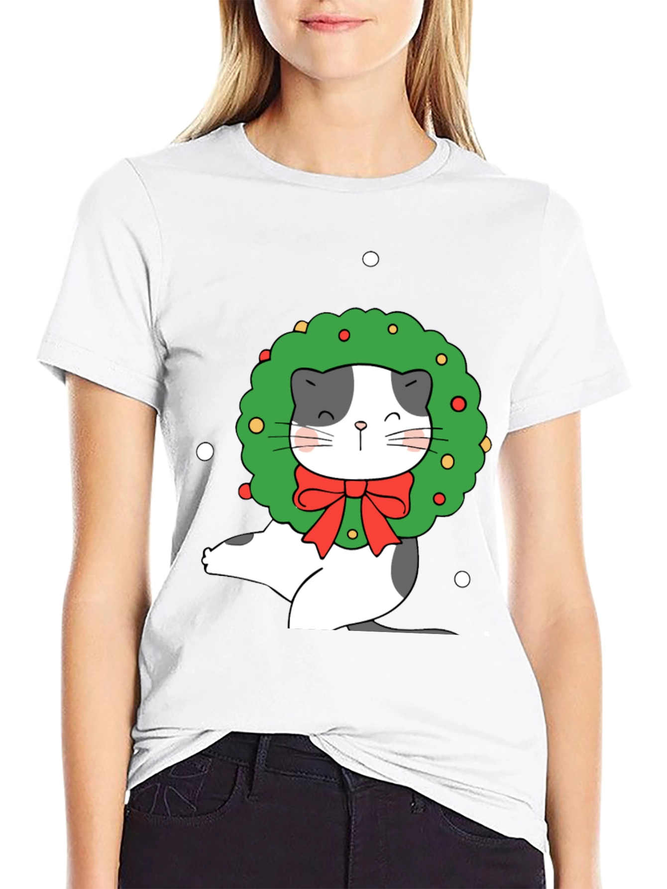 Festive Cat Wreath Graphic Tee - Holiday Cheer!