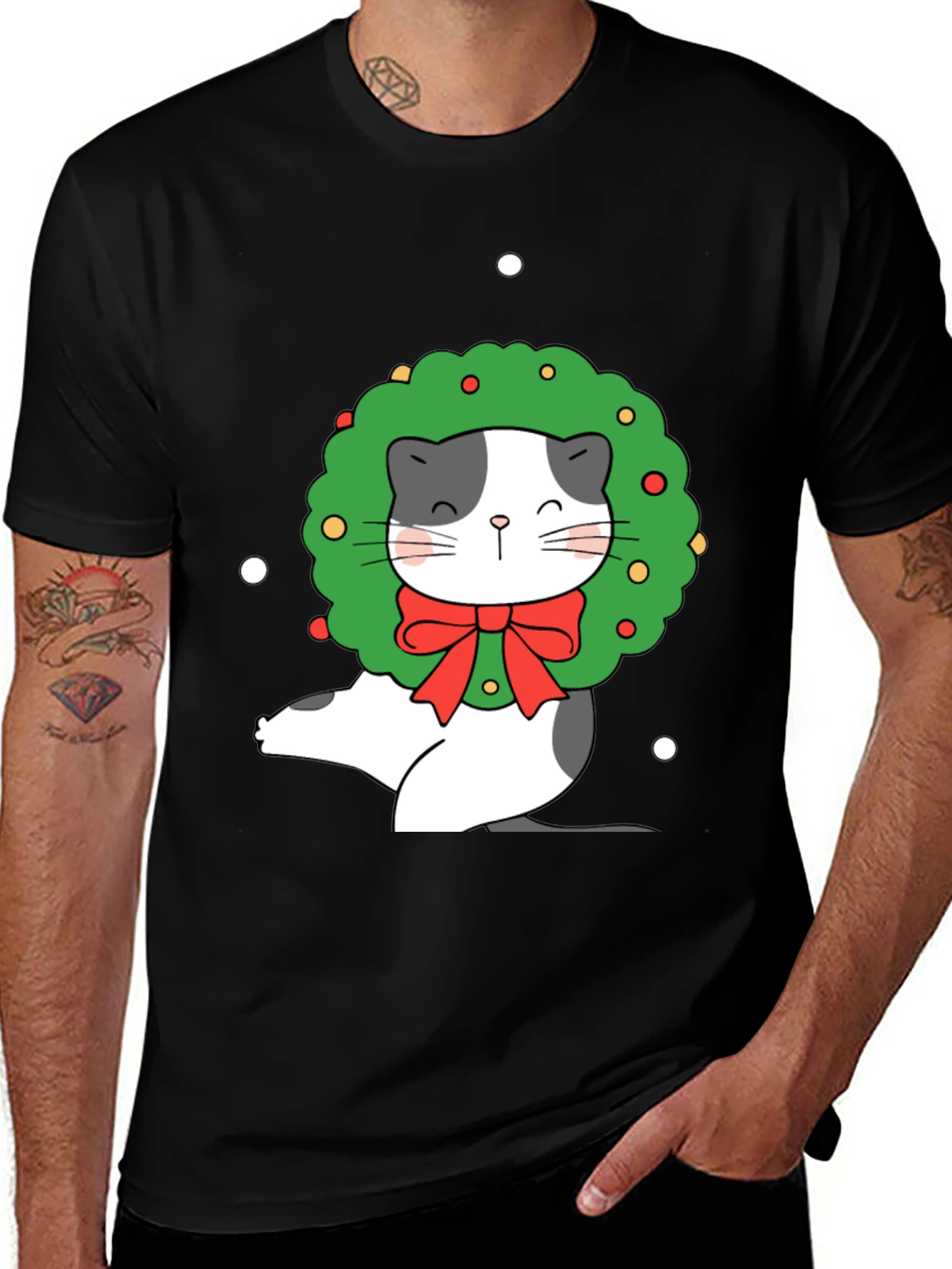 Festive Cat Wreath Graphic Tee - Holiday Cheer!