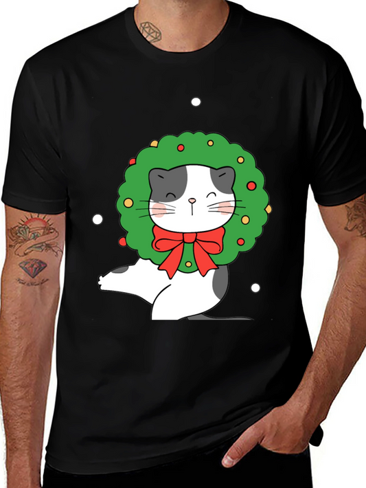 Festive Cat Wreath Graphic Tee - Holiday Cheer!