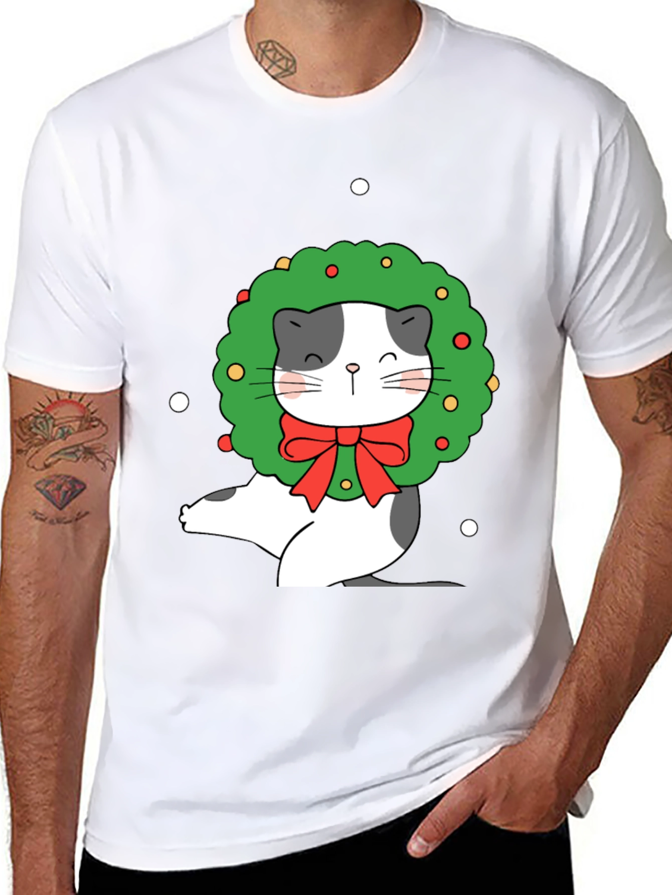 Festive Cat Wreath Graphic Tee - Holiday Cheer!