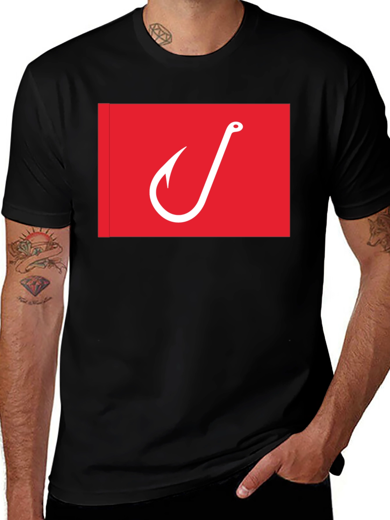 Fishing Hook Graphic Tee - Red on Black