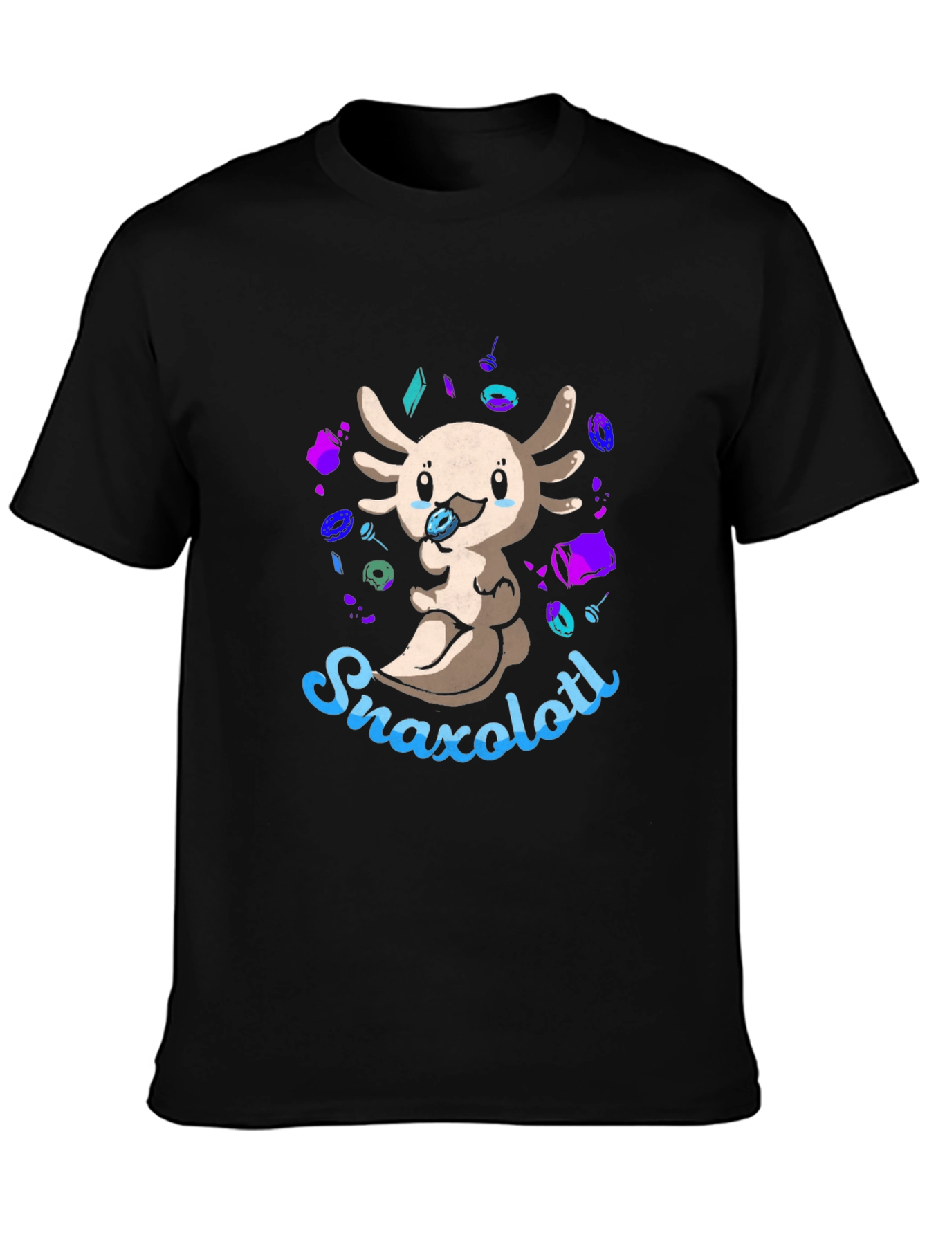 Snaxolotl Black T-Shirt - Cute Axolotl Snack Design
