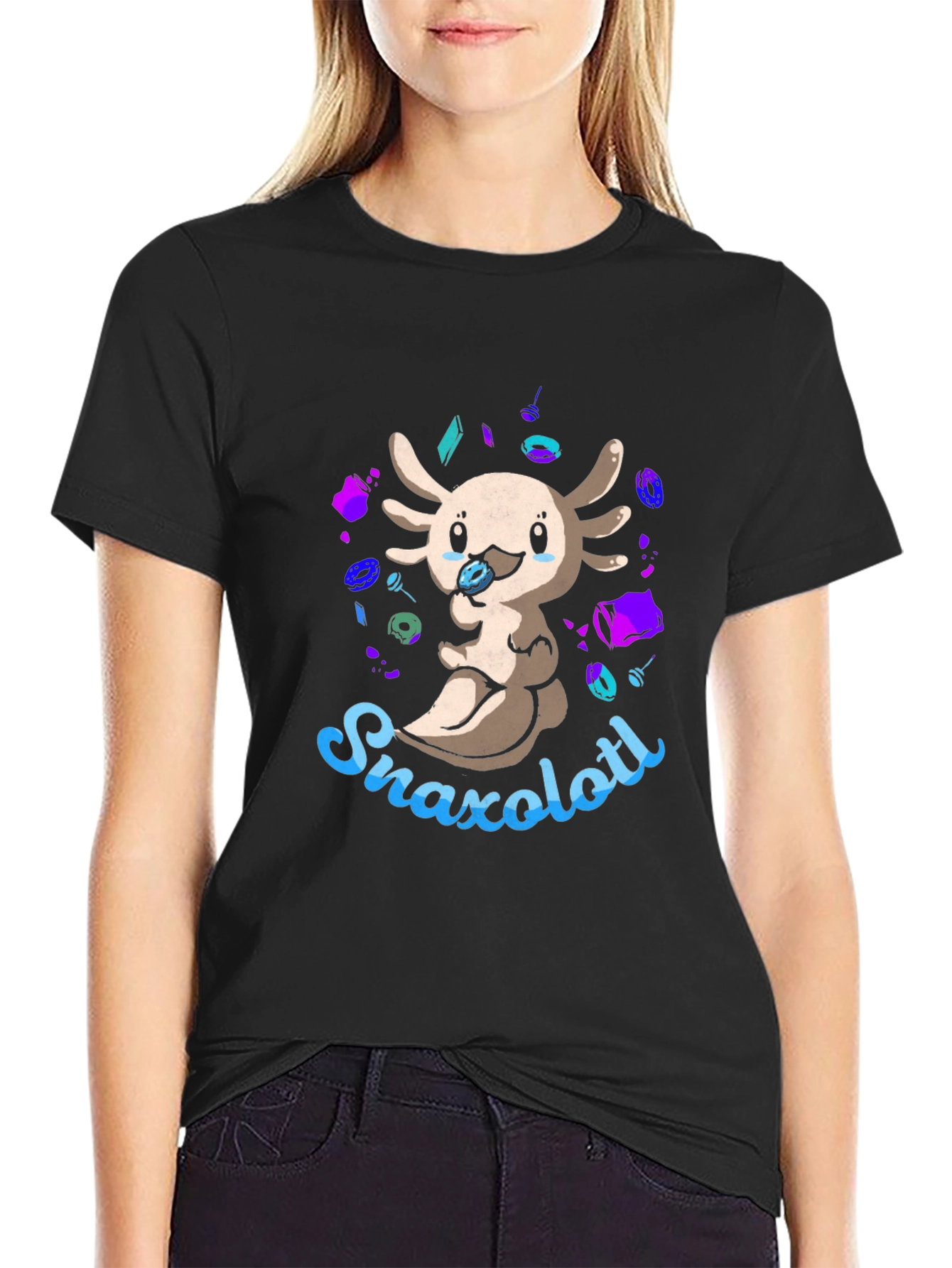Snaxolotl Black T-Shirt - Cute Axolotl Snack Design