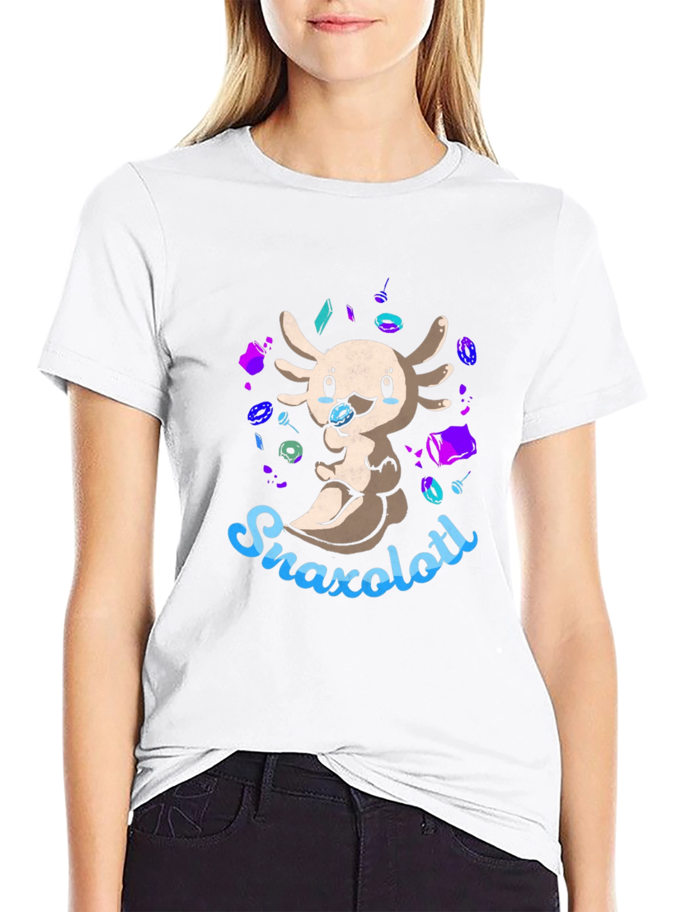 Snaxolotl Black T-Shirt - Cute Axolotl Snack Design