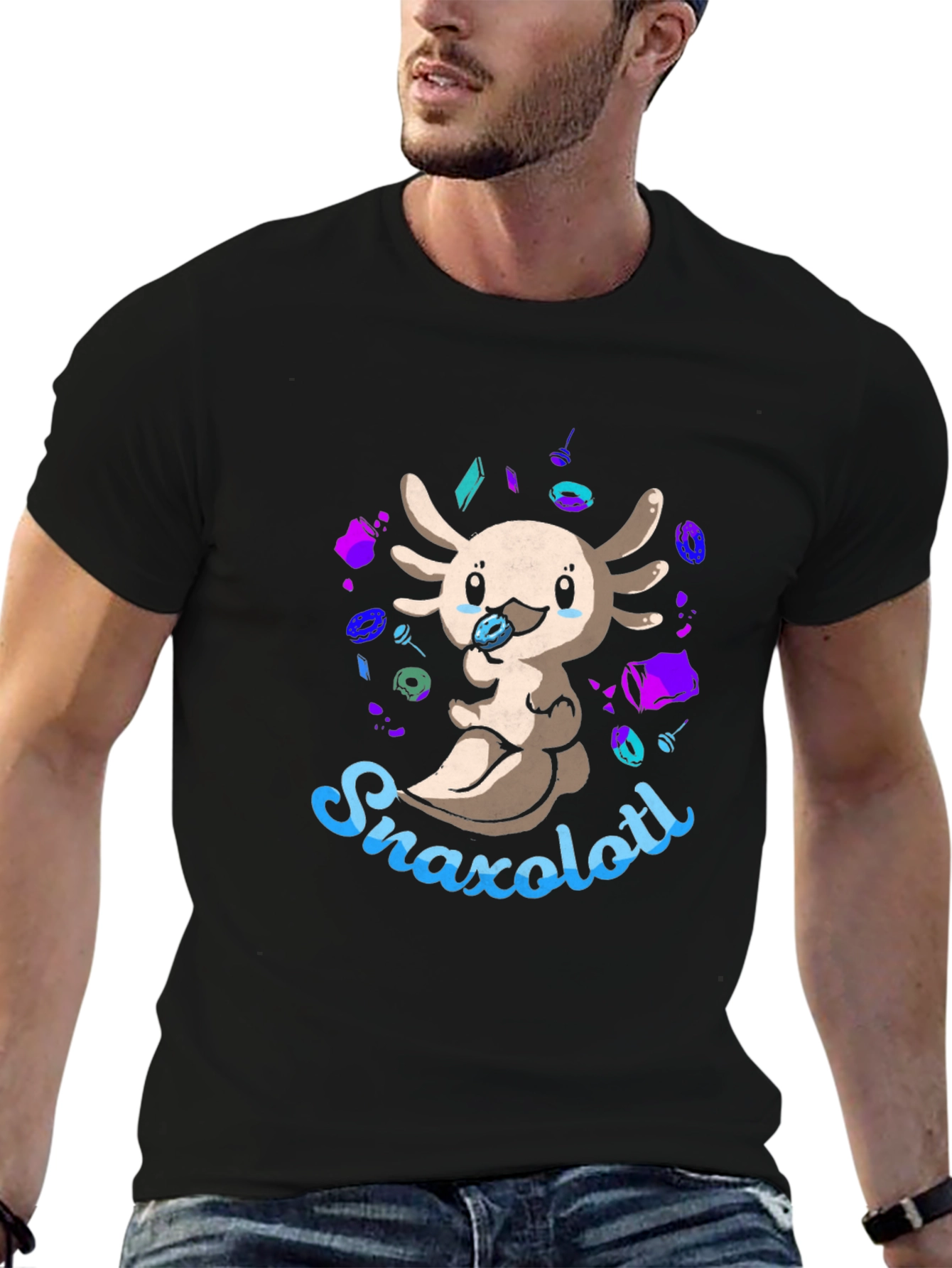 Snaxolotl Black T-Shirt - Cute Axolotl Snack Design