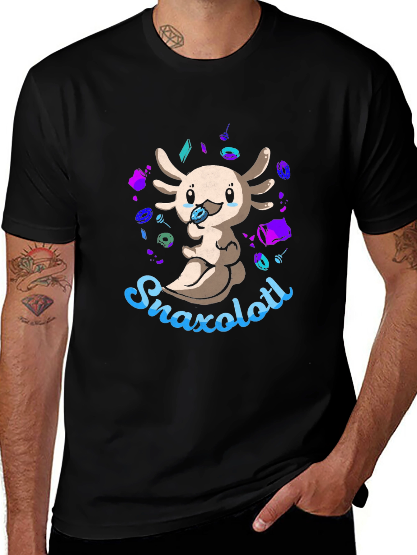 Snaxolotl Black T-Shirt - Cute Axolotl Snack Design